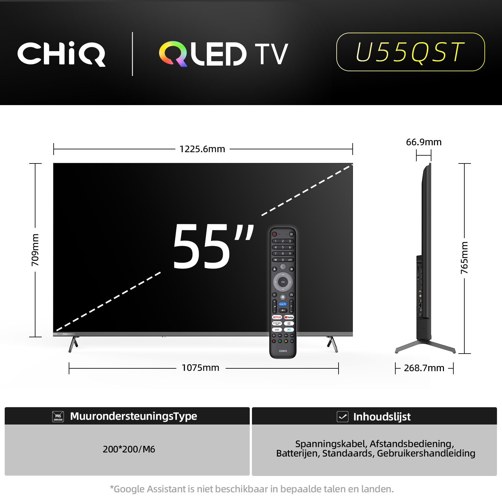 Telewizor CHiQ QLED, model U55QST, czarny ekran z napisem 55", pilot, wymiary i szczegóły techniczne.