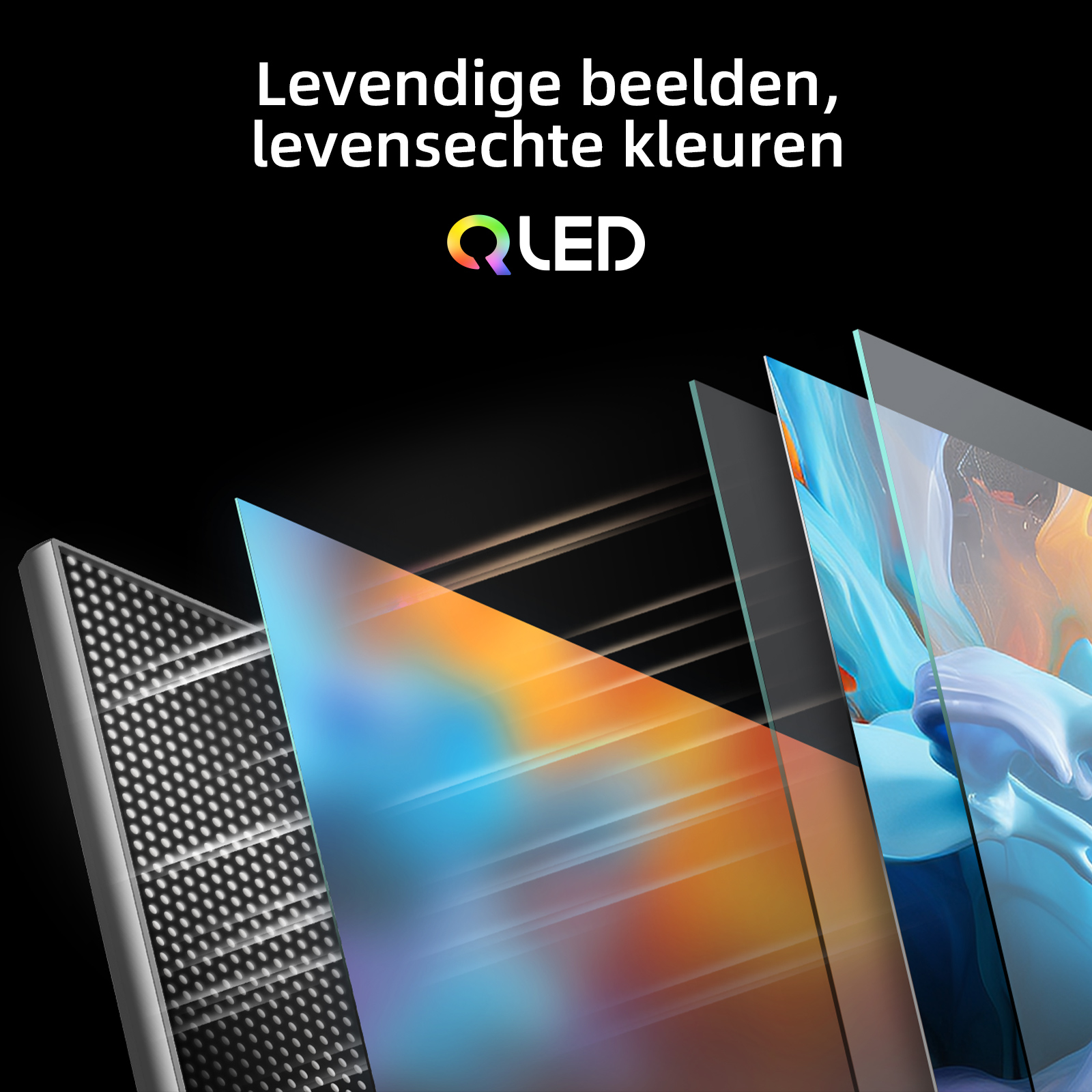 Wyświetlacz QLED z warstwowymi obrazami pokazującymi żywe kolory. Tekst: 'Żywe obrazy, realistyczne kolory'.