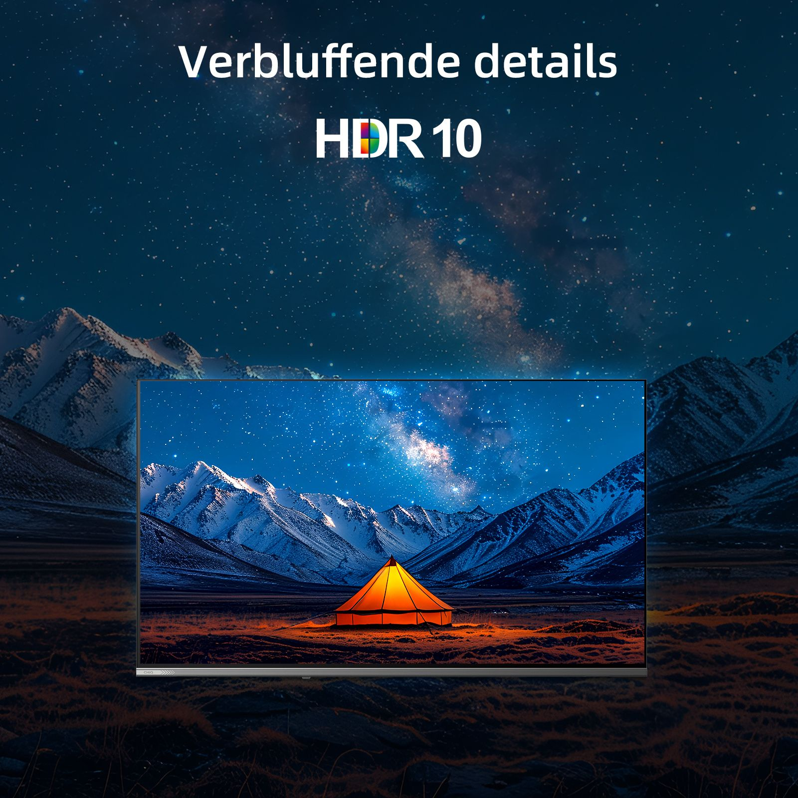 Telewizor wyświetla nocną scenę: namiot przed ośnieżonymi górami pod gwiaździstym niebem, z tekstem HDR 10.
