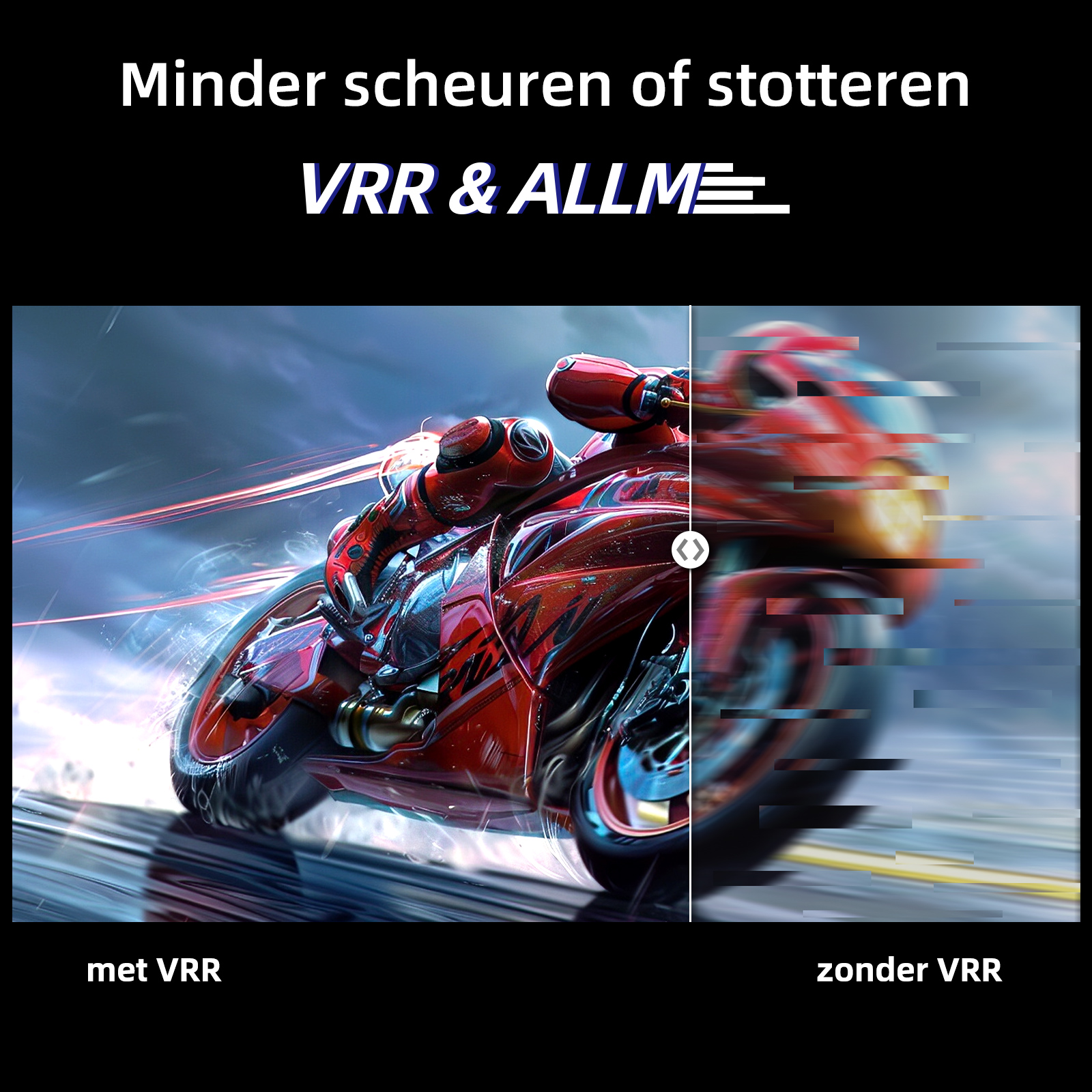 Czerwony motocykl ściga się na torze. Obraz pokazuje porównanie z technologią VRR i bez niej.