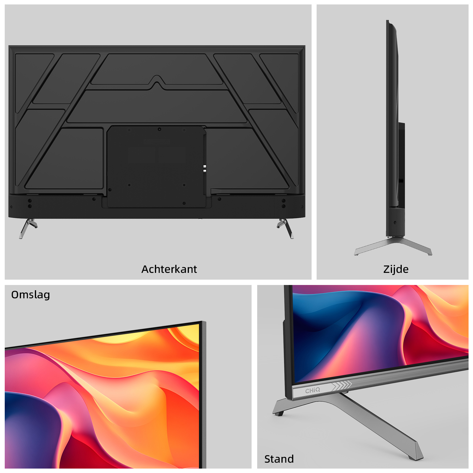 Tył, widok z boku i zbliżenia czarnego telewizora. Ekran wyświetla kolorową sztukę abstrakcyjną.