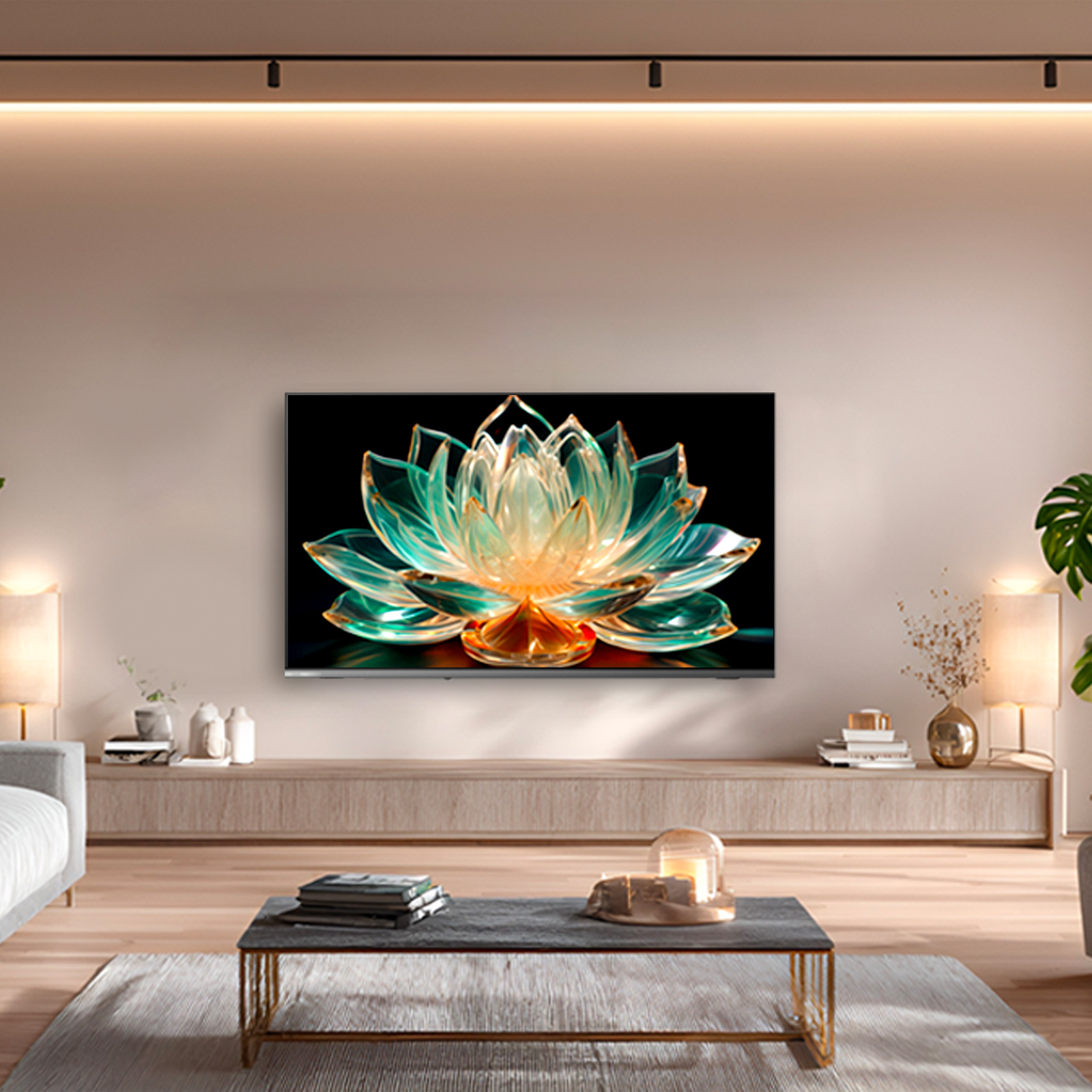 Salon z telewizorem wyświetlającym sztukę z kwiatem lotosu. Neutralne tony, drewniana szafka i stolik kawowy. Widoczne rośliny i lampy.