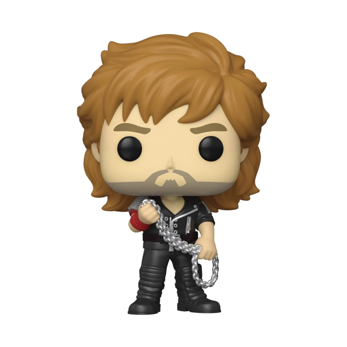 Figura Funko Pop de un hombre con cabello castaño, sosteniendo una cadena. Viste chaqueta y pantalones negros. La figura está sobre fondo blanco.