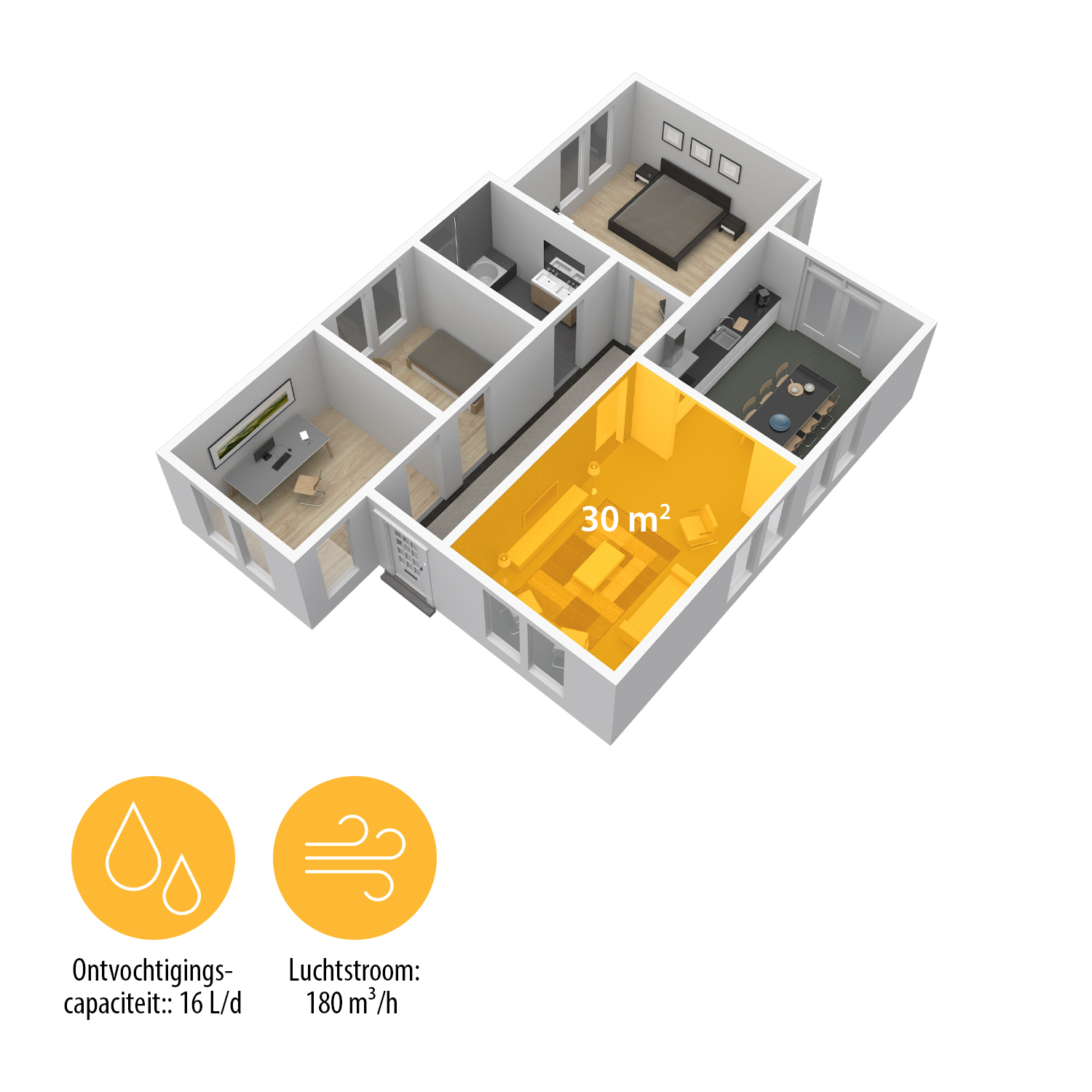 Rzut architektoniczny przedstawiający układ domu z pokojami. Zaznaczony obszar wskazuje 30 m². Ikony wyświetlają dane dotyczące osuszania i przepływu powietrza.