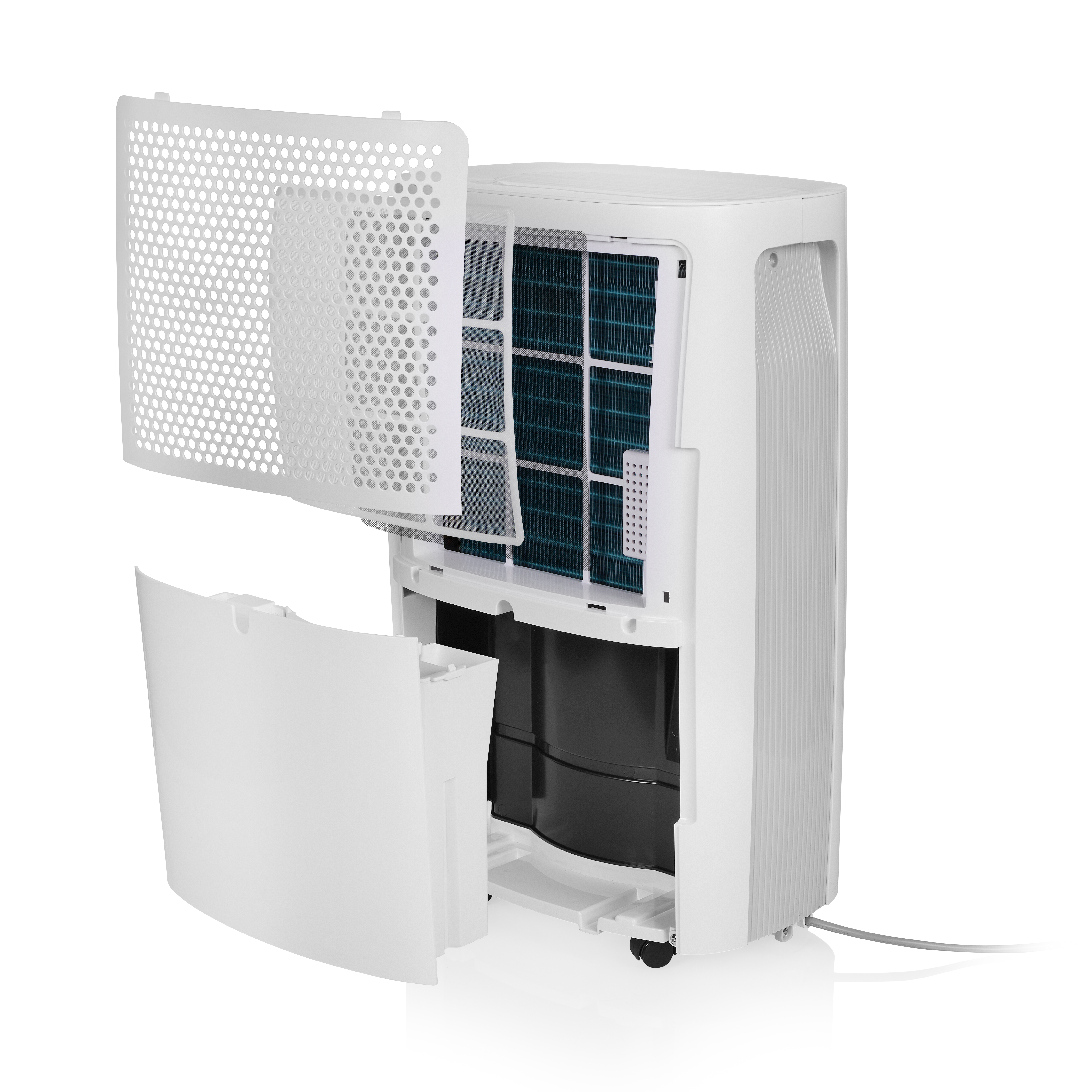 Biały osuszacz powietrza z otwartymi panelami, odsłaniającymi filtry i elementy wewnętrzne. Na białym tle. Szary przewód zasilający.