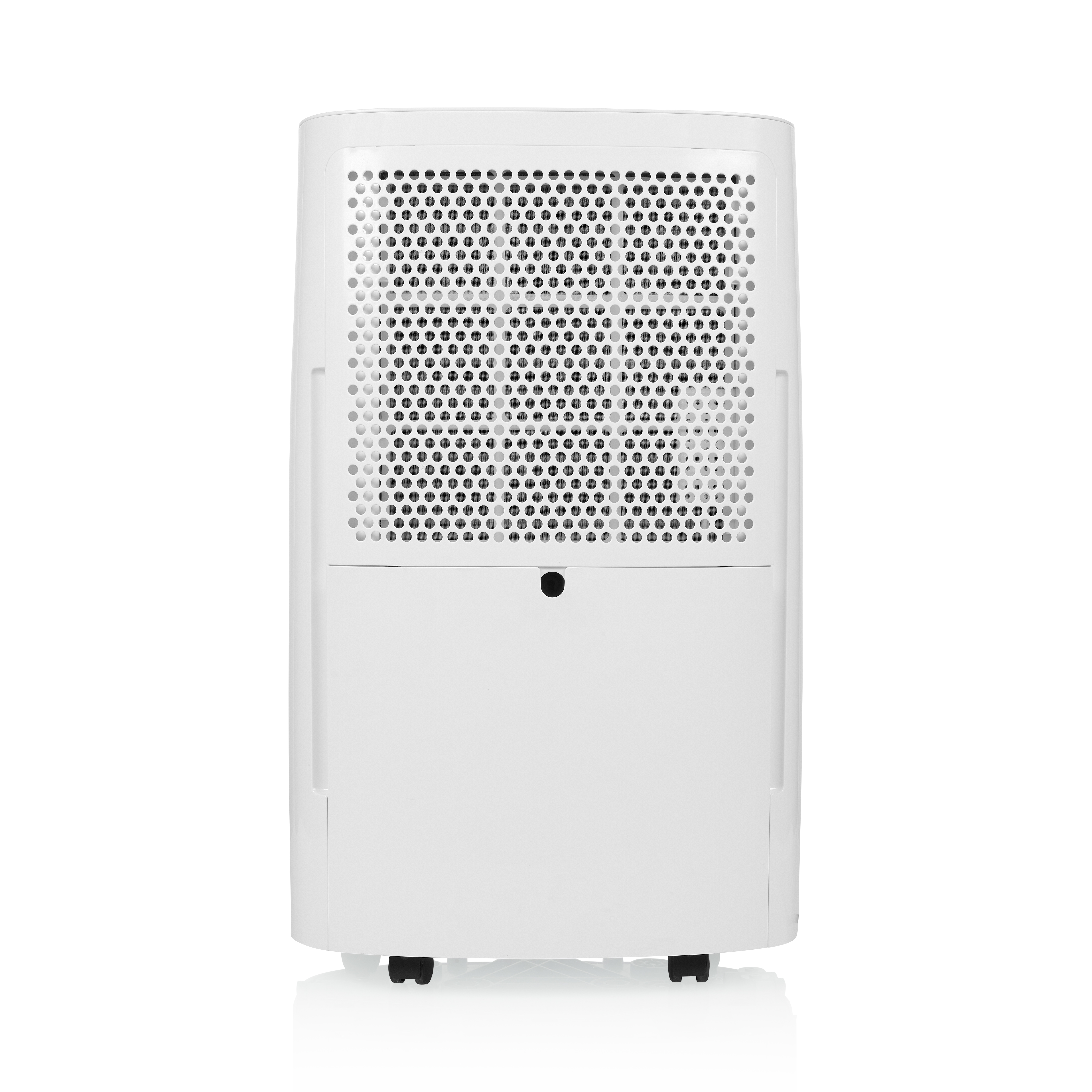 Biały osuszacz powietrza z perforowanym panelem przednim. Ma czarną kropkę i stoi na małych kółkach.