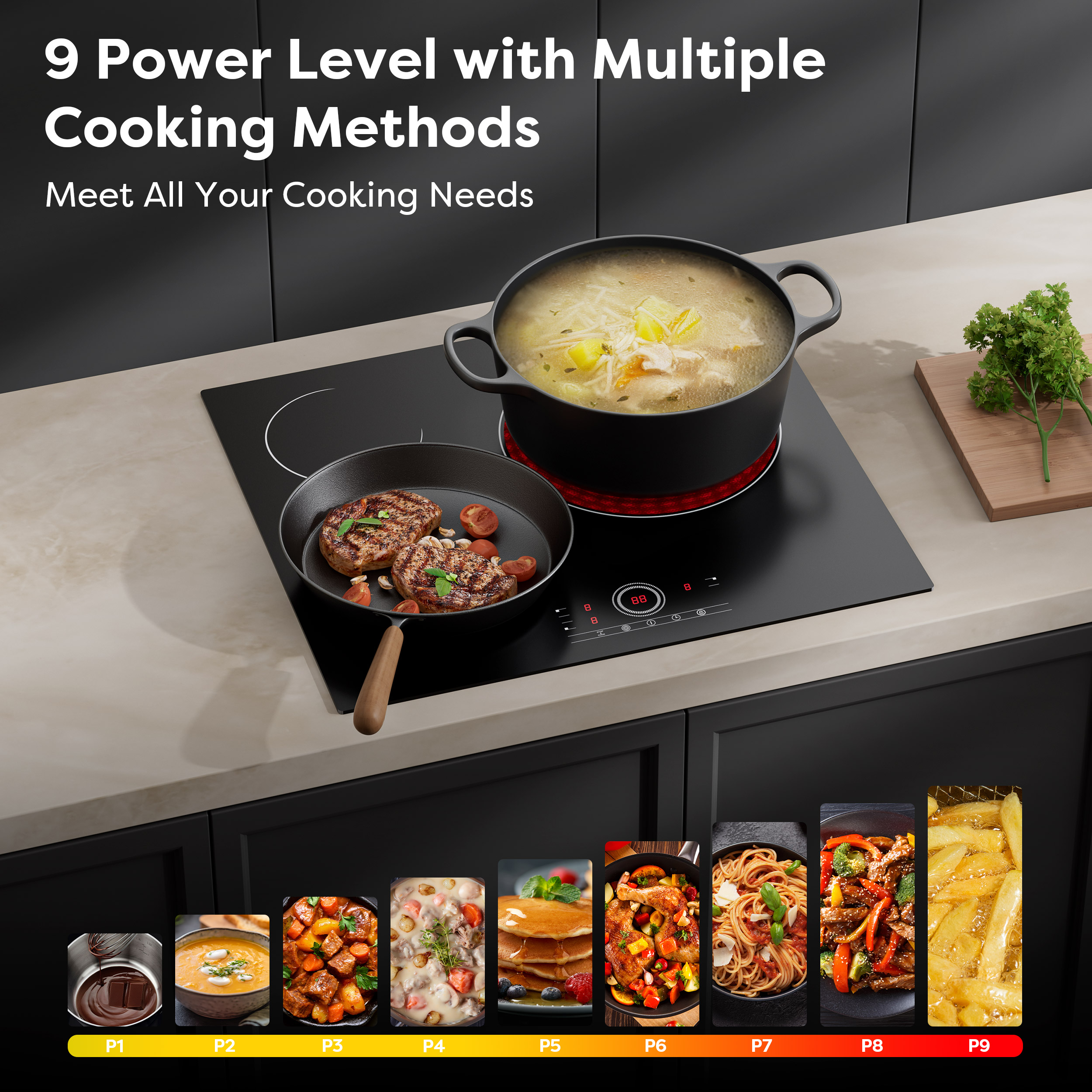 Une table de cuisson à induction avec des aliments en cours de cuisson et une gamme de plats à différents niveaux de puissance, de P1 à P9.