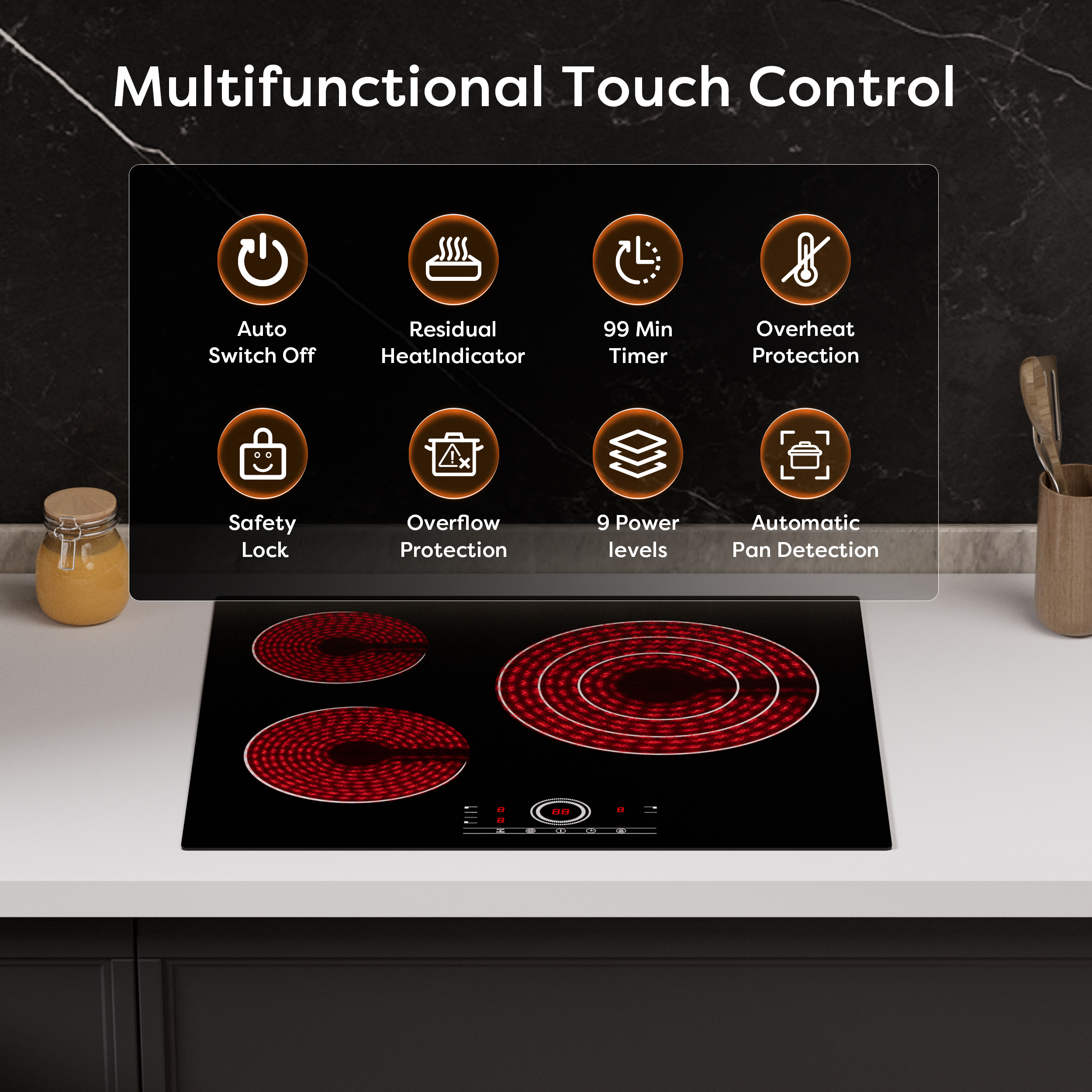 Table de cuisson électrique noire avec éléments chauffants rouges. Comprend l'arrêt automatique, le verrouillage de sécurité et 9 niveaux de puissance.