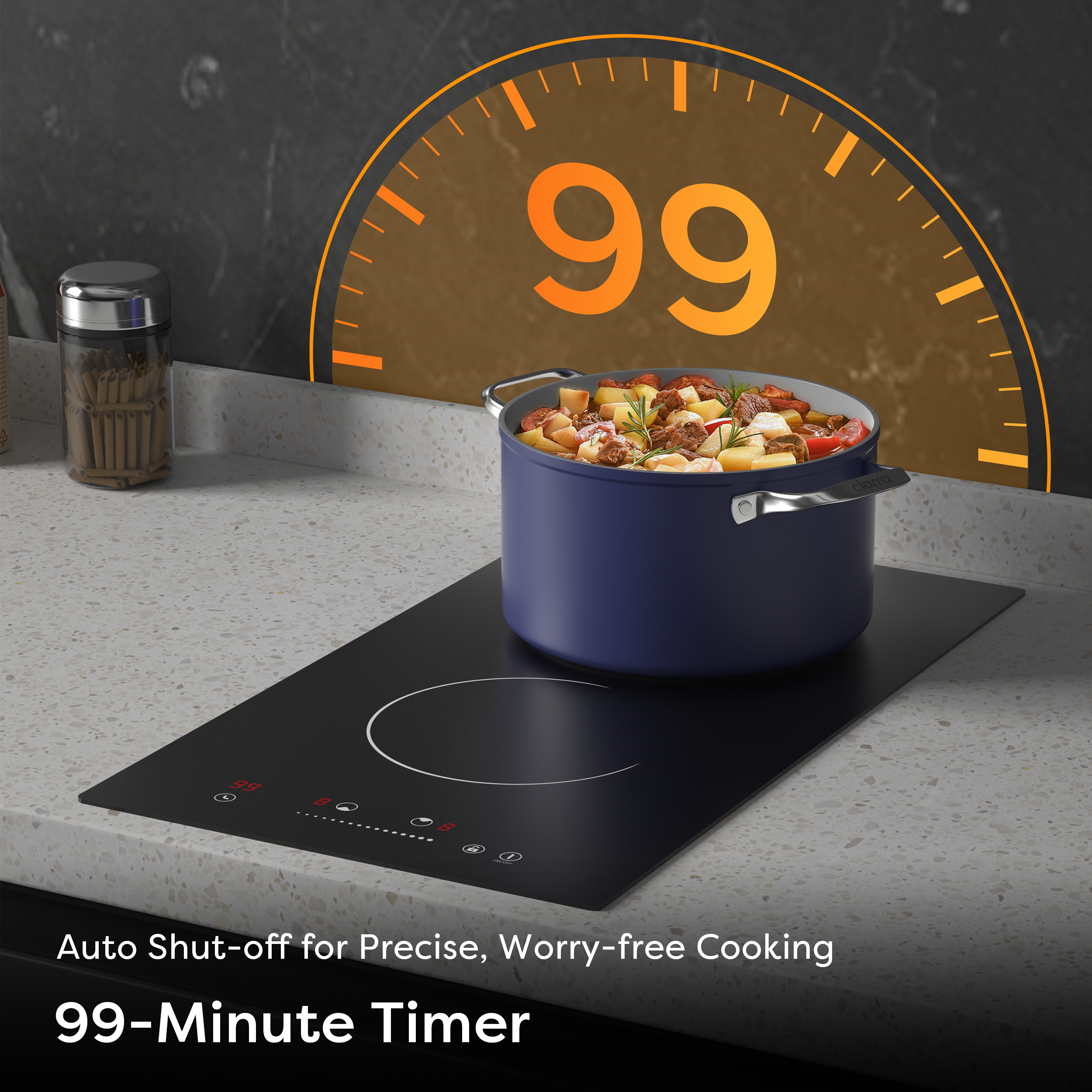 Een blauwe pot met eten staat op een zwart fornuis. Een timer toont 99. Tekst: Automatische uitschakeling voor nauwkeurig koken, 99-minuten timer.