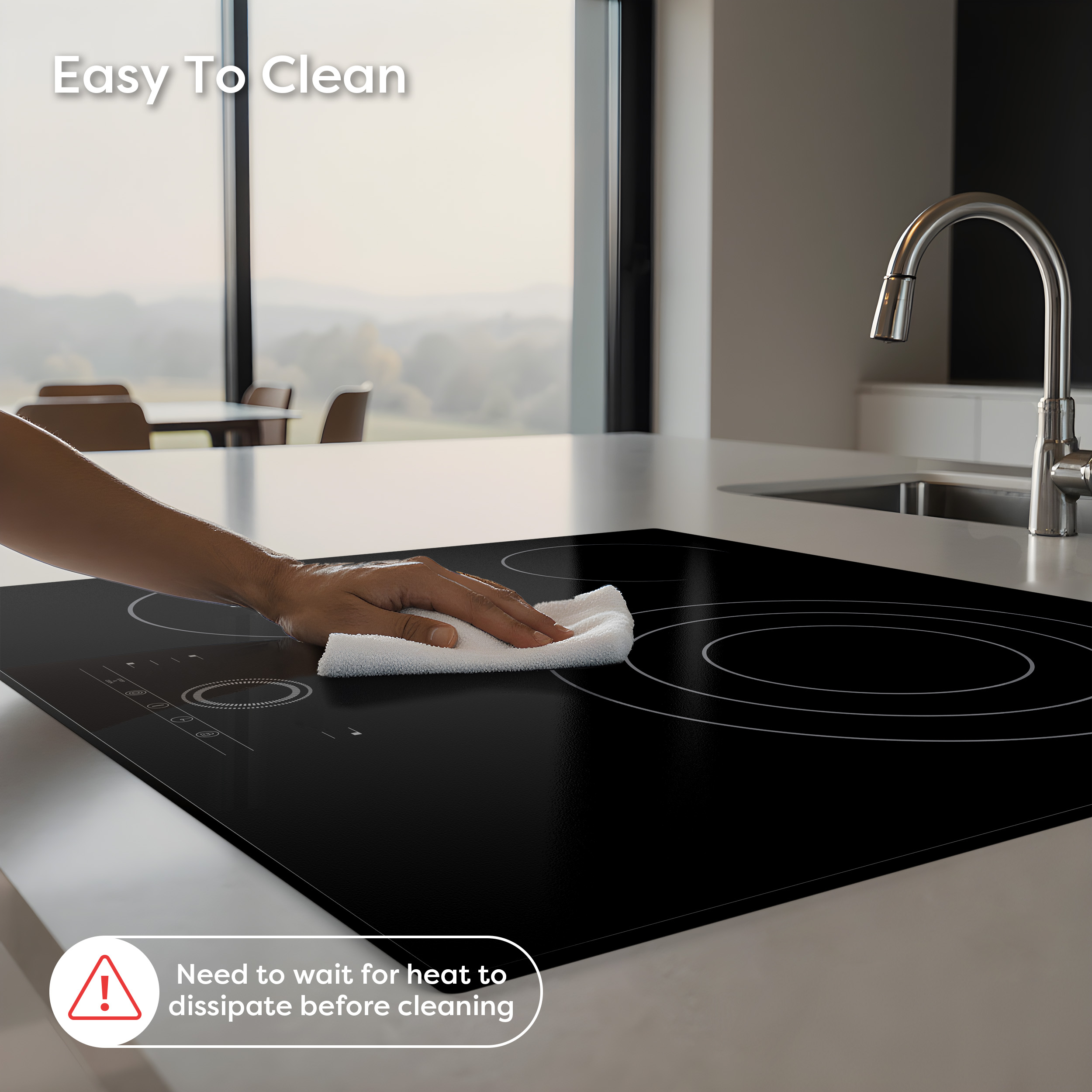 Une main essuie une table de cuisson noire avec un chiffon blanc. L'arrière-plan montre une cuisine avec une fenêtre, un évier et un robinet.