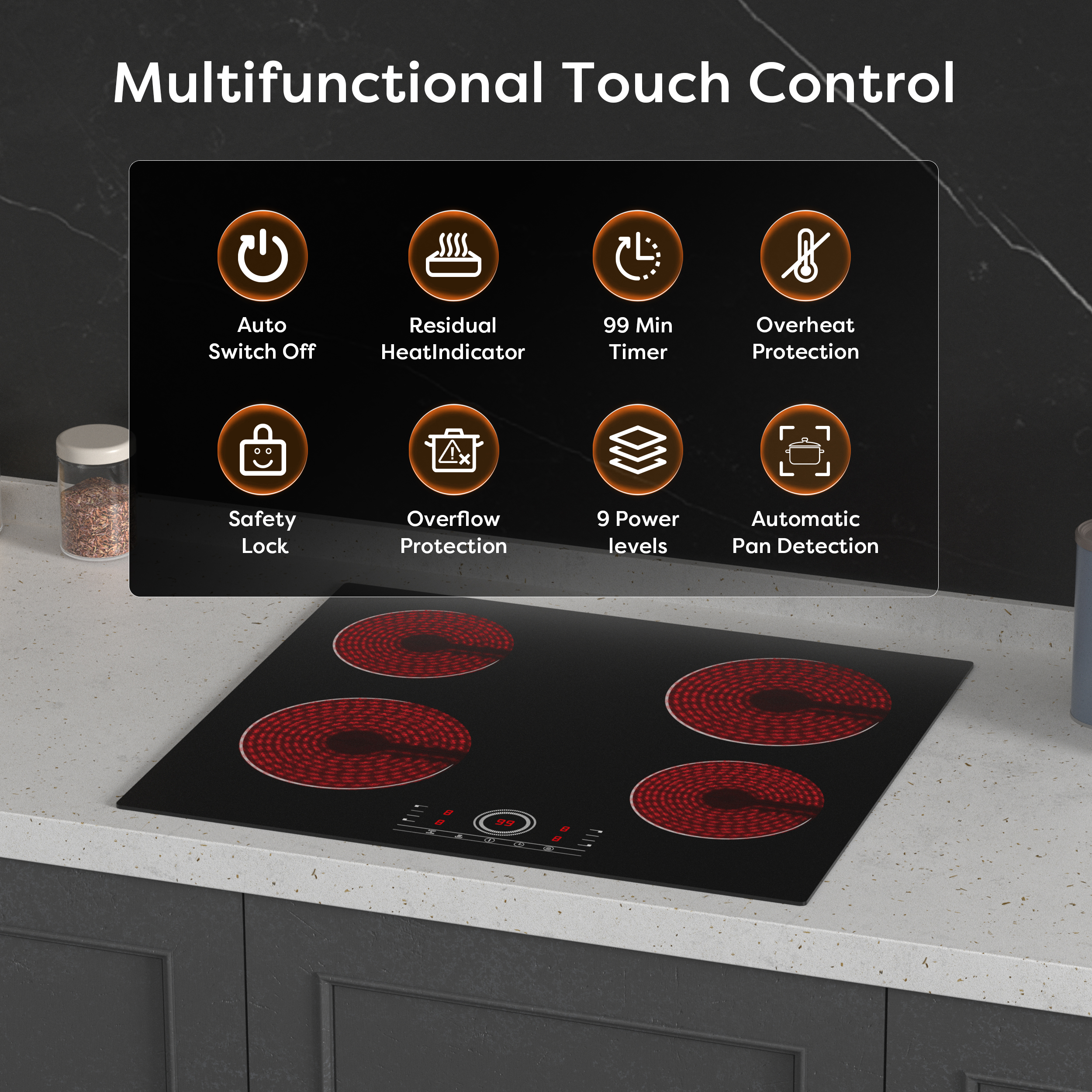 Zwarte inductiekookplaat met rode kookzones. Voorzien van touch-control iconen. Op een wit aanrecht.