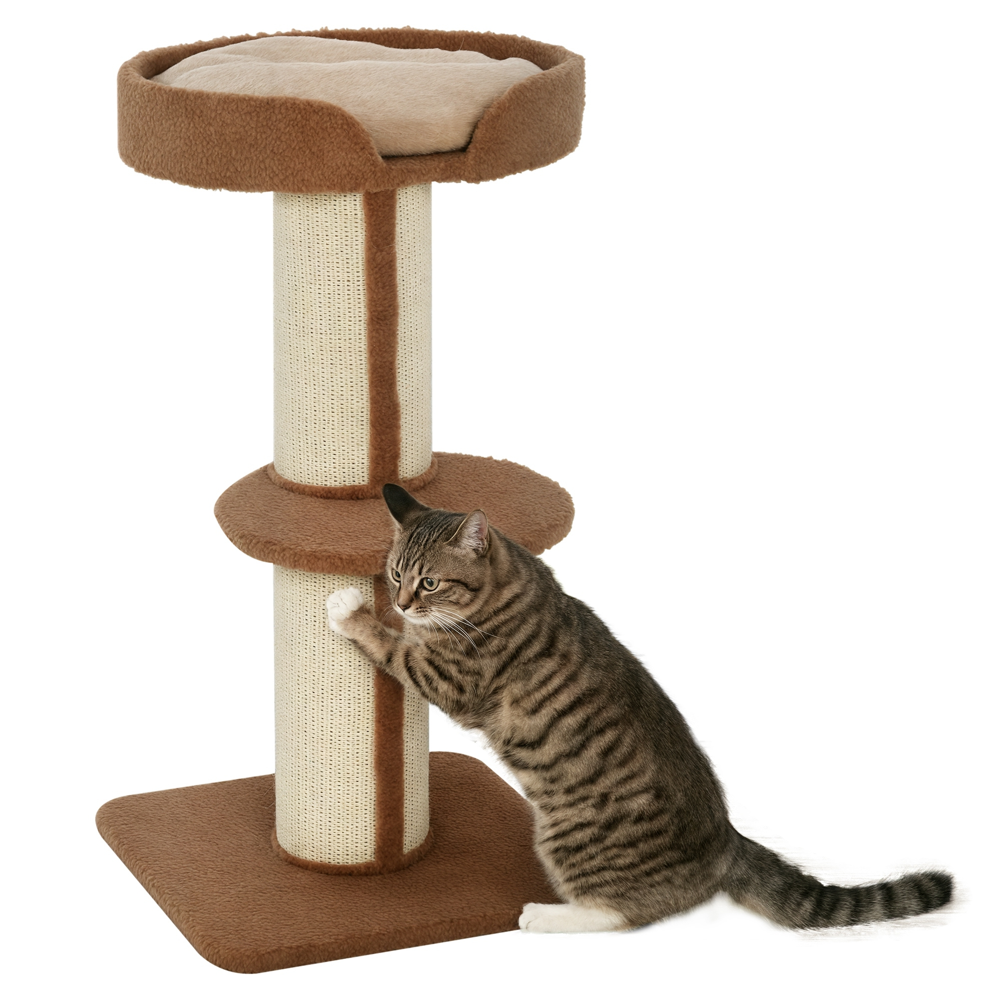 Un gatto tigrato graffia un tiragraffi marrone e beige. L'albero ha una base, una piattaforma centrale e un letto superiore.