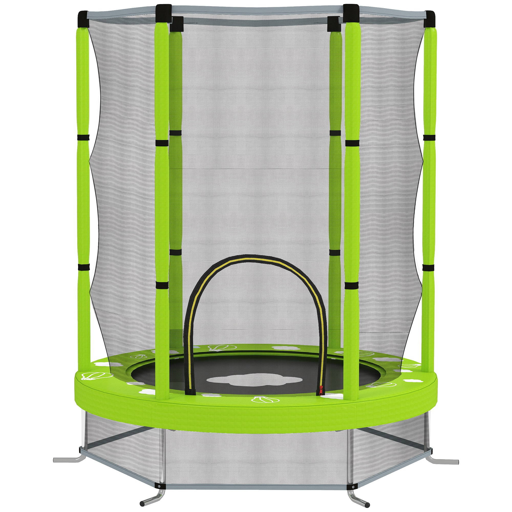 Un trampolino verde e nero con rete di sicurezza. Ha una superficie di salto circolare e imbottitura protettiva.