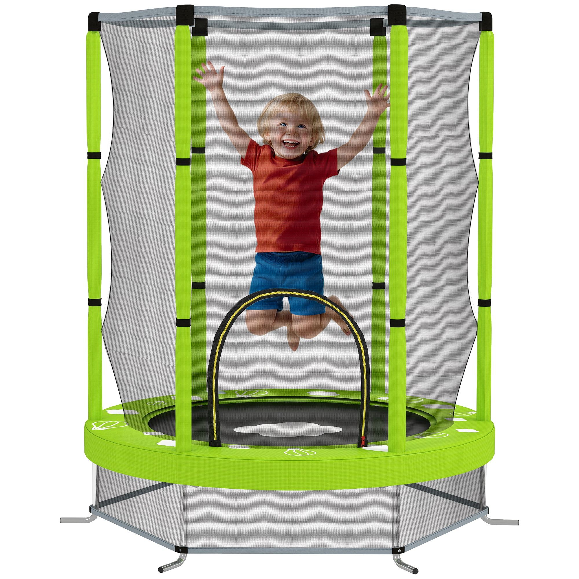 Un bambino salta su un trampolino verde. Il bambino indossa una maglietta rossa e pantaloncini blu, con le braccia alzate.