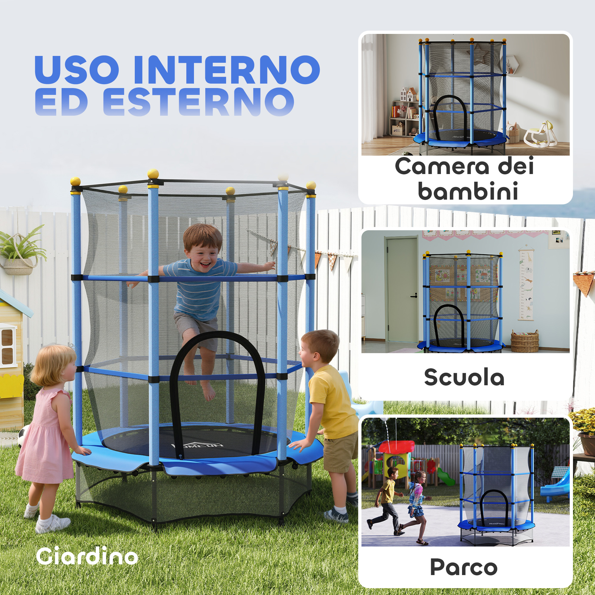 I bambini giocano su un trampolino blu in giardino. L'immagine mostra il trampolino in diversi contesti: camera da letto, scuola e parco.