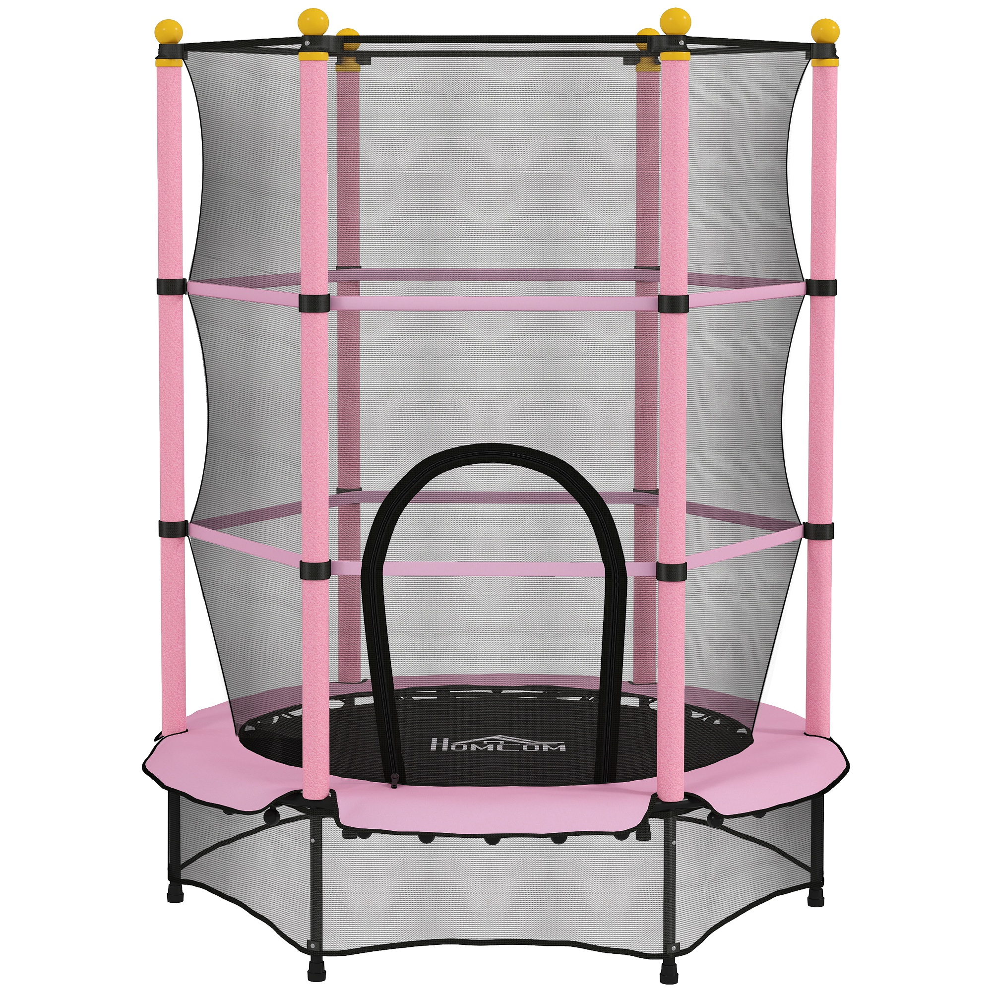 Un trampolino rosa e nero per bambini con rete di sicurezza, imbottitura rosa e cappucci superiori gialli. Visibile il logo HOMCOM.