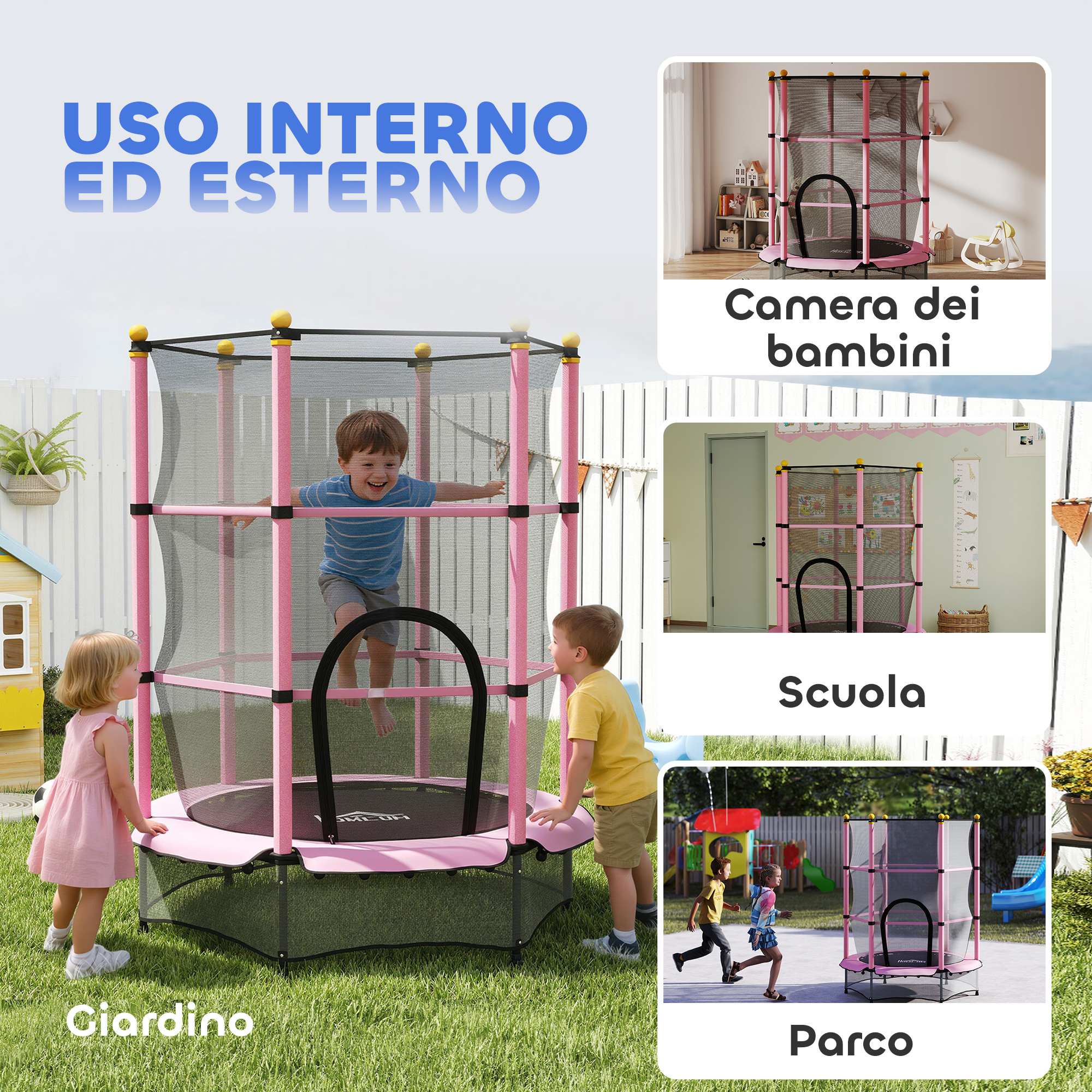 Bambini che giocano su un trampolino rosa. La scena include una casa, erba ed etichette di testo per luoghi diversi.