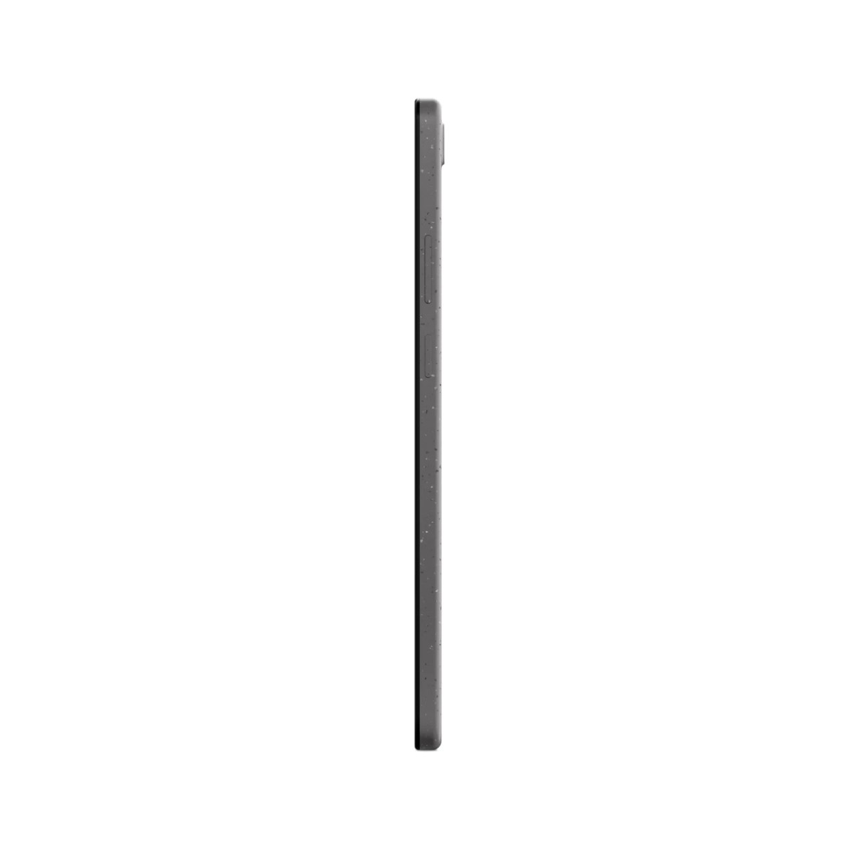 Vista laterale di un tablet grigio scuro. I pulsanti sono visibili sul lato. Lo sfondo è bianco.