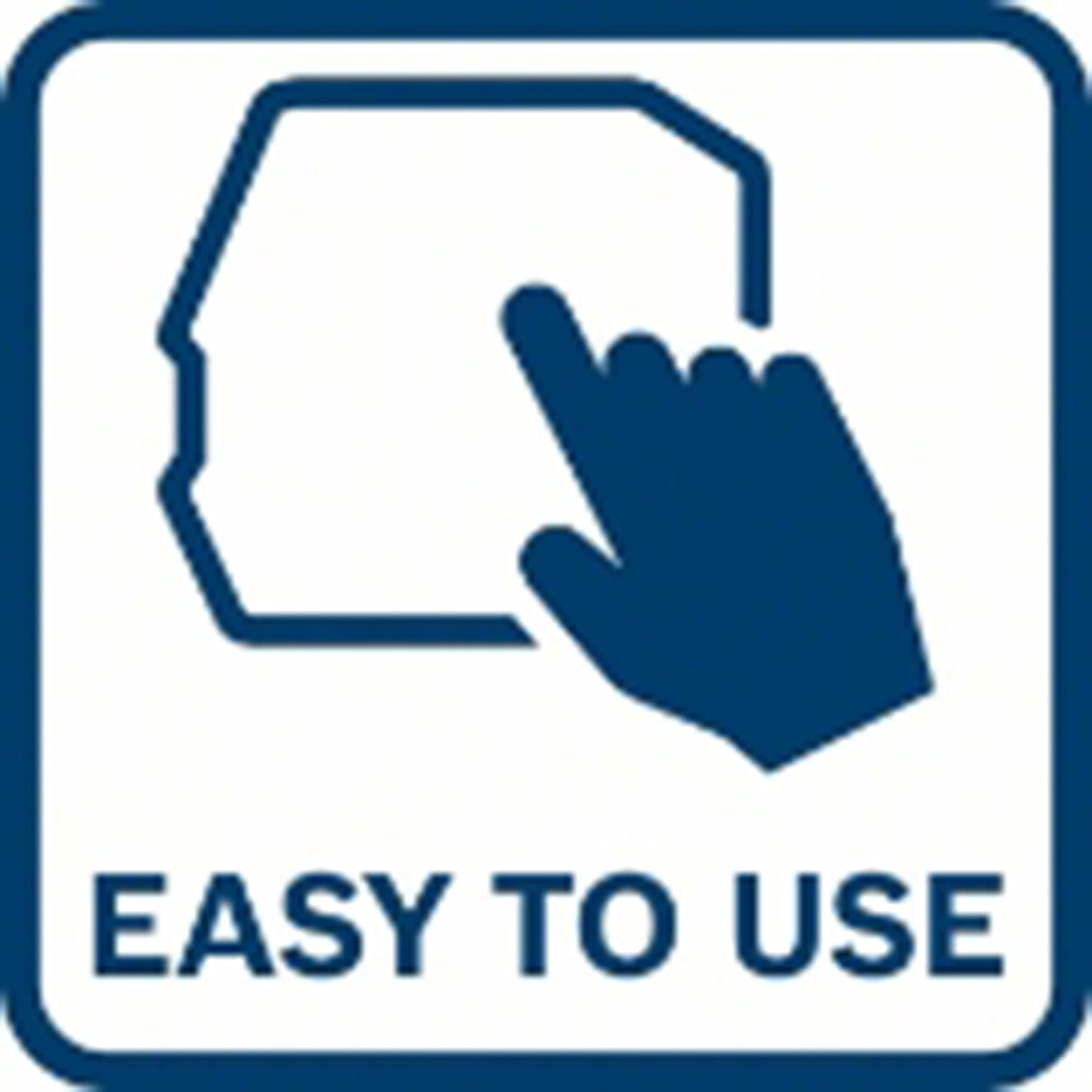 Un quadrato blu con una mano che tocca una forma. Il testo 'EASY TO USE' è sotto l'icona della forma e della mano, tutto in blu.