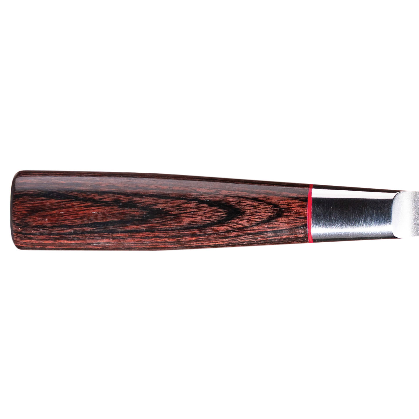 Ein Meißel mit Holzgriff und Metallklinge. Der Griff ist dunkelbraun mit schwarzen Streifen und einer roten Linie.