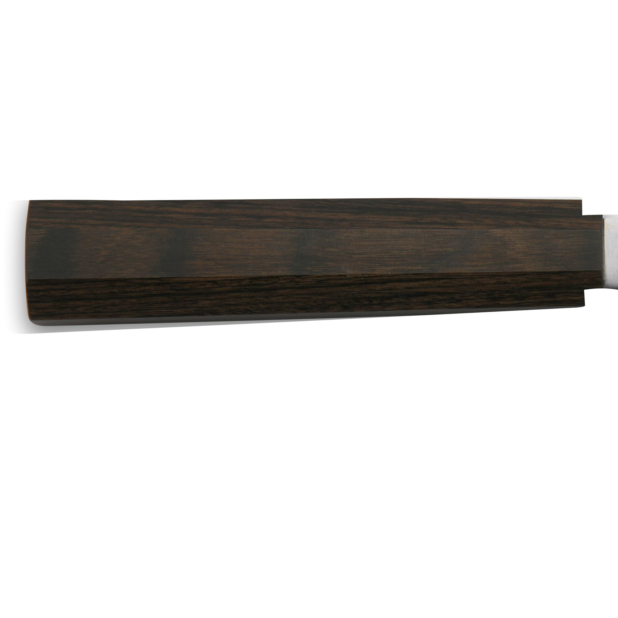 Ein dunkles Holzobjekt, möglicherweise Teil eines Rahmens oder Griffs, auf weißem Hintergrund. Die Holzmaserung ist sichtbar.