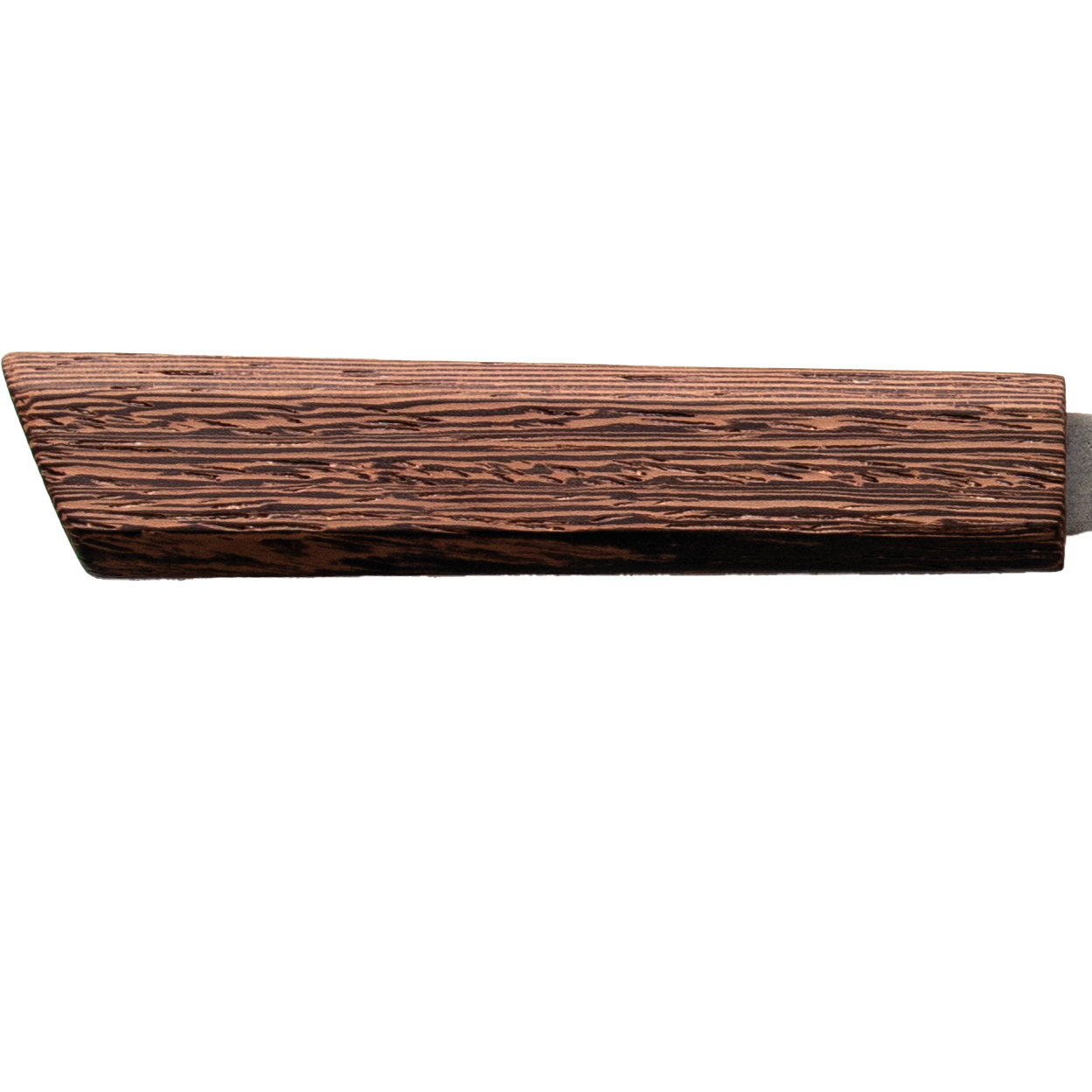 Holzgriff mit dunkelbrauner Maserung, einem abgeschrägten Schnitt an einem Ende und einem grauen Aufsatz am anderen Ende, vor weißem Hintergrund.