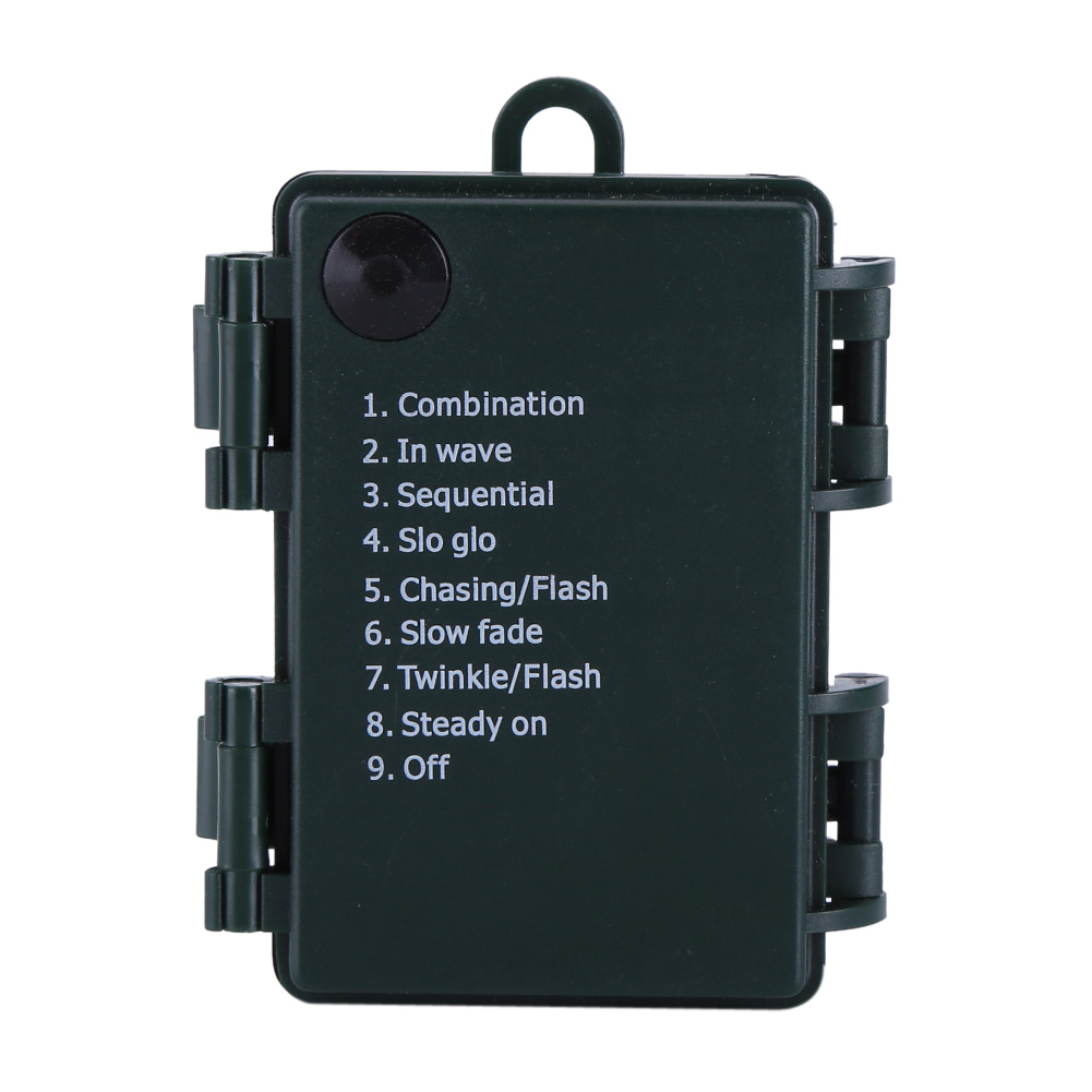 Eine dunkelgrüne Steuerbox mit einer Schlaufe oben. Auf der Box steht Text wie 'Combination', 'In wave', 'Sequential' usw.