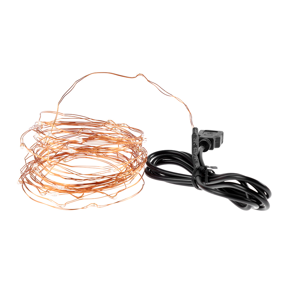 Kupferdraht-Lichterkette mit schwarzem Netzkabel und Stecker, auf weißem Hintergrund aufgerollt.
