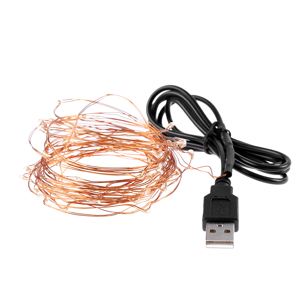 Ein Bündel Kupferdraht-Lichterketten mit kleinen LEDs, verbunden mit einem schwarzen USB-Kabel und Stecker. Isoliert auf weißem Hintergrund.
