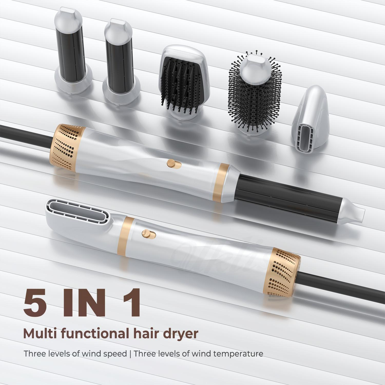 Ein multifunktionaler Haartrockner mit mehreren Aufsätzen. Es hat ein weißes und goldenes Design. Text lautet: 5 in 1, Multifunktionaler Haartrockner.