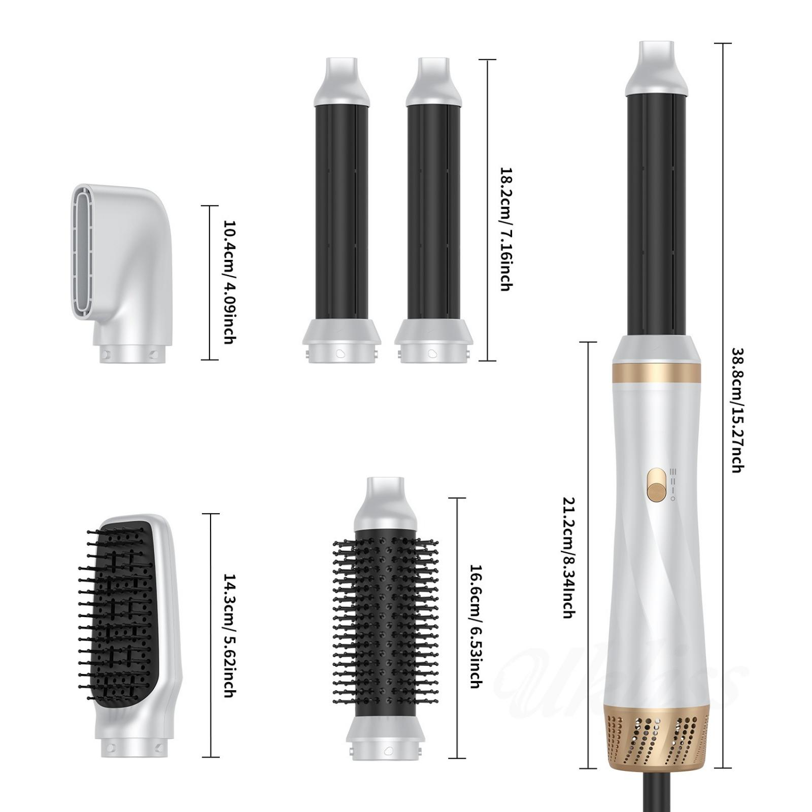 Haarstyling-Tool mit Aufsätzen. Enthält ein Glätteisen, eine Bürste, einen Lockenstab und einen Föhnhaupt.