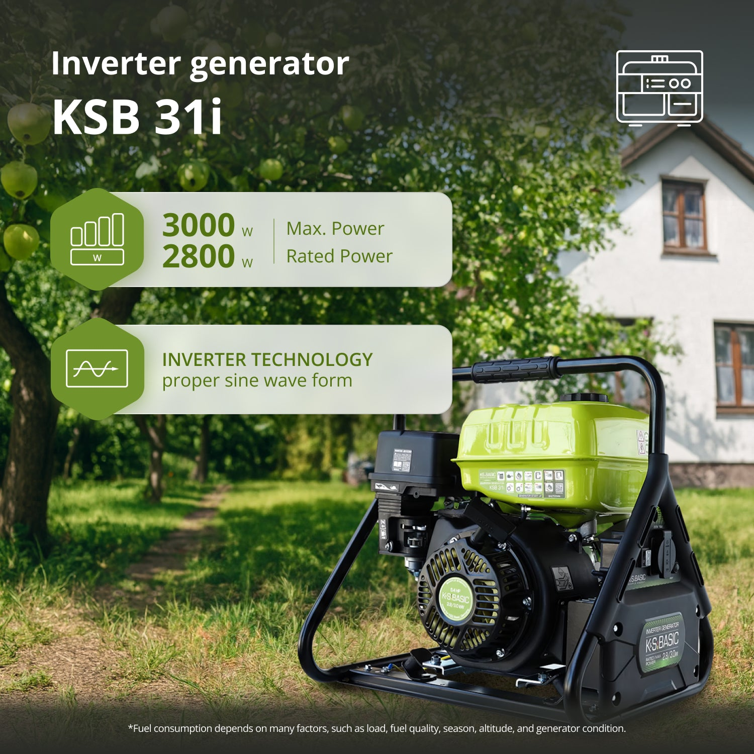 Zielony i czarny generator inwerterowy KSB 31i stoi na trawie. Panele informacyjne pokazują szczegóły mocy. Tło: drzewa, dom i jabłka.