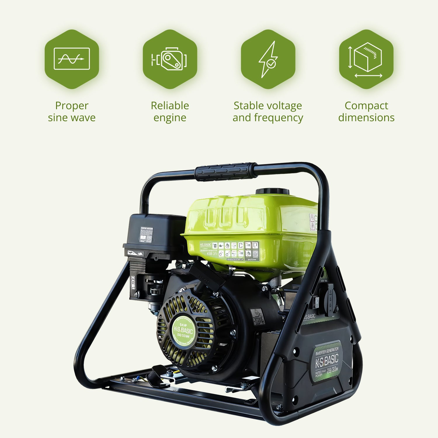 Zielony i czarny agregat z uchwytem. Ikony wyświetlają przebieg sinusoidalny, silnik, napięcie i wymiary. Marka to KS BASIC.