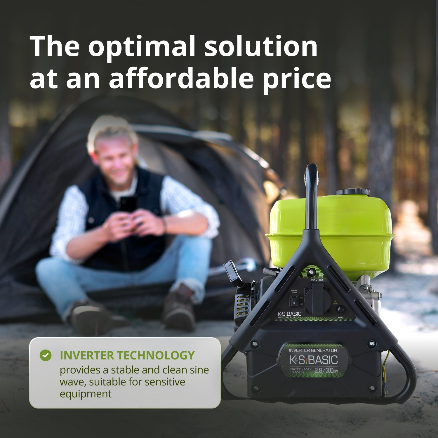 Mężczyzna siedzący przed namiotem. Generator na pierwszym planie. Tekst: Optymalne rozwiązanie w przystępnej cenie.