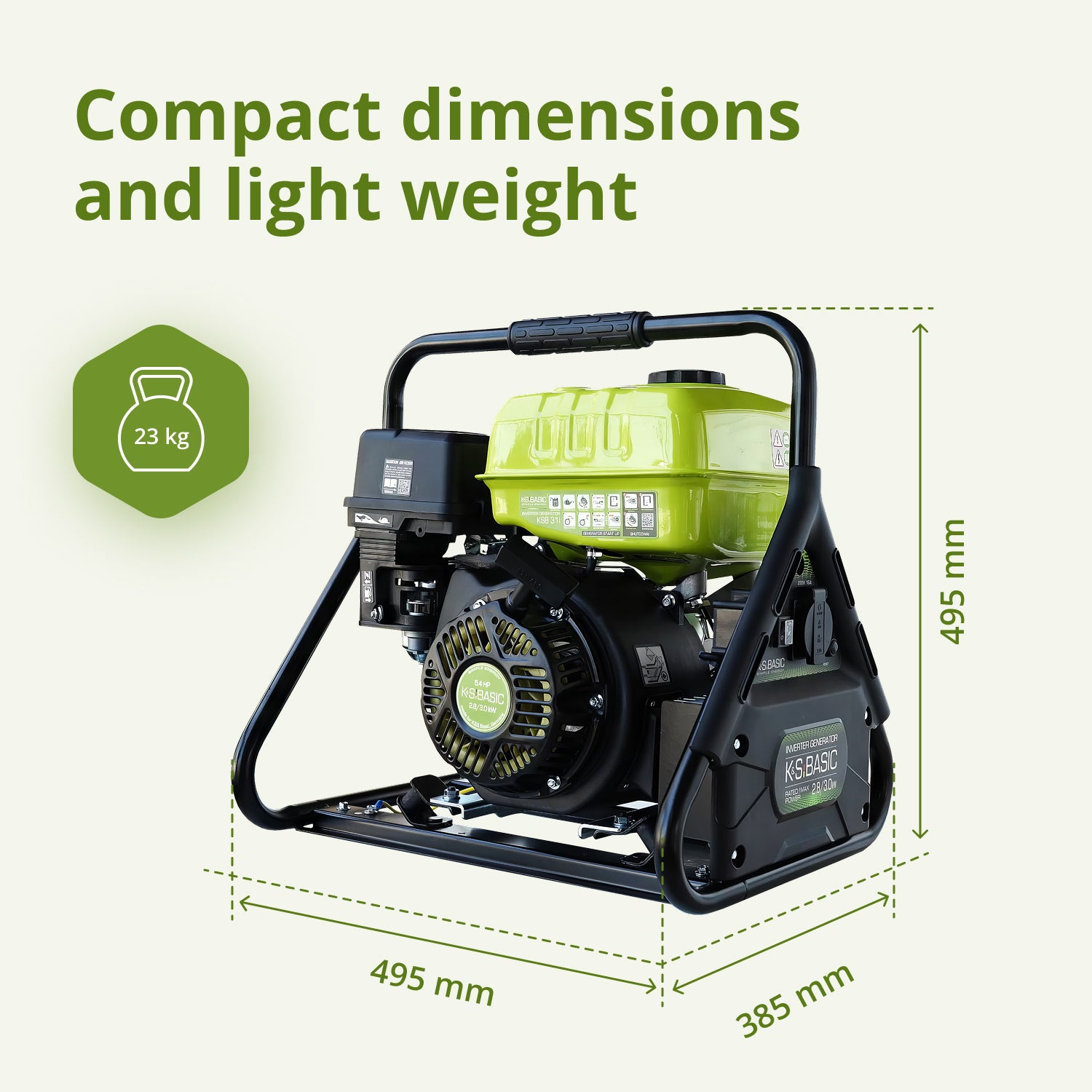 Zielony i czarny generator z oznaczonymi wymiarami. Ma uchwyt, ikonę wagi i tekst opisujący jego kompaktowy rozmiar i lekką wagę.