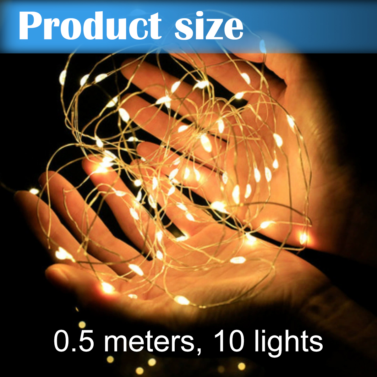 Hände halten eine Schnur mit winzigen LED-Leuchten. Der Text oben lautet 'Produktgröße'. Darunter steht '0,5 Meter, 10 Lichter'.