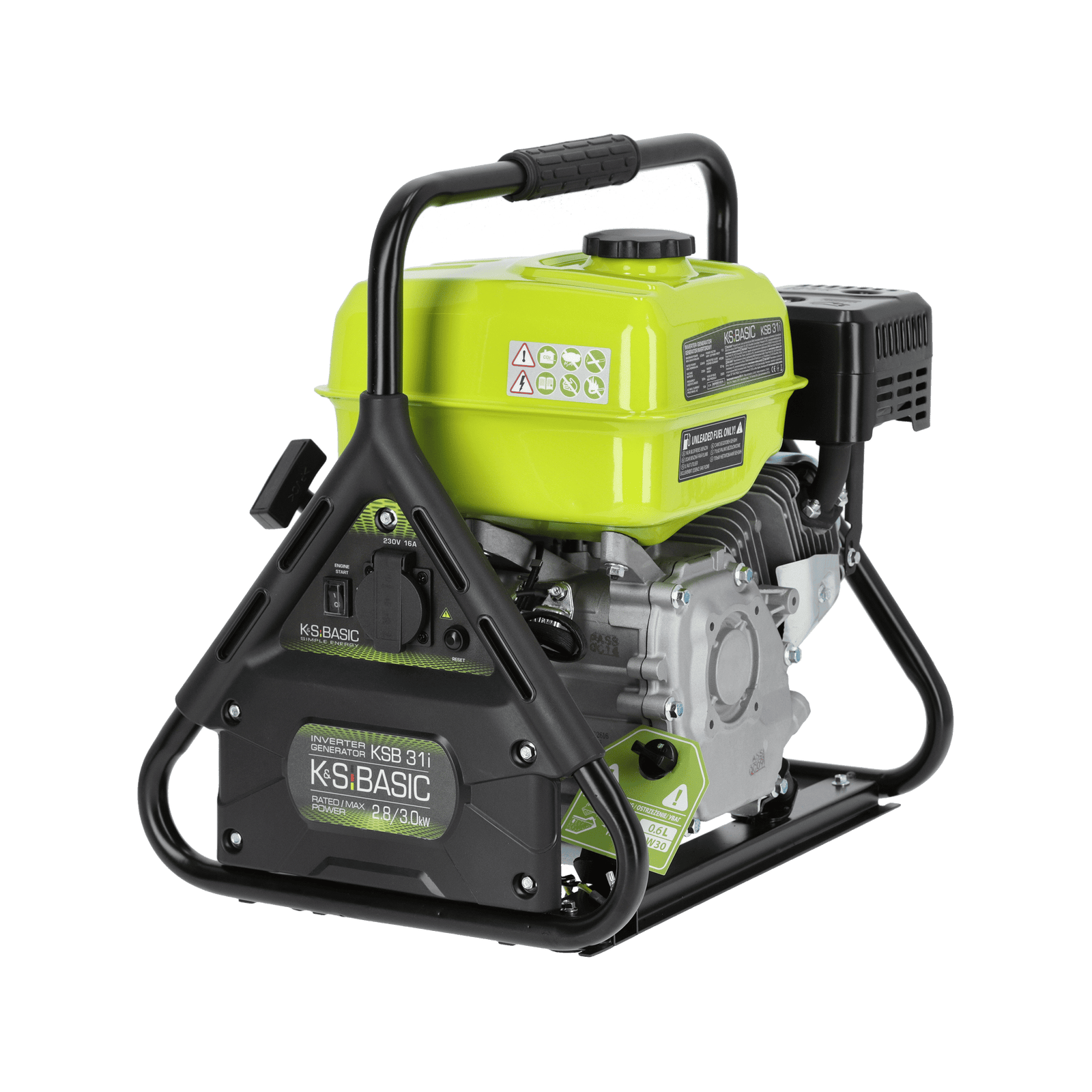 Limonkowo-zielony generator KSB 31i na czarnej ramie, czarnym uchwycie i czarnych i szarych komponentach, zielone tło.
