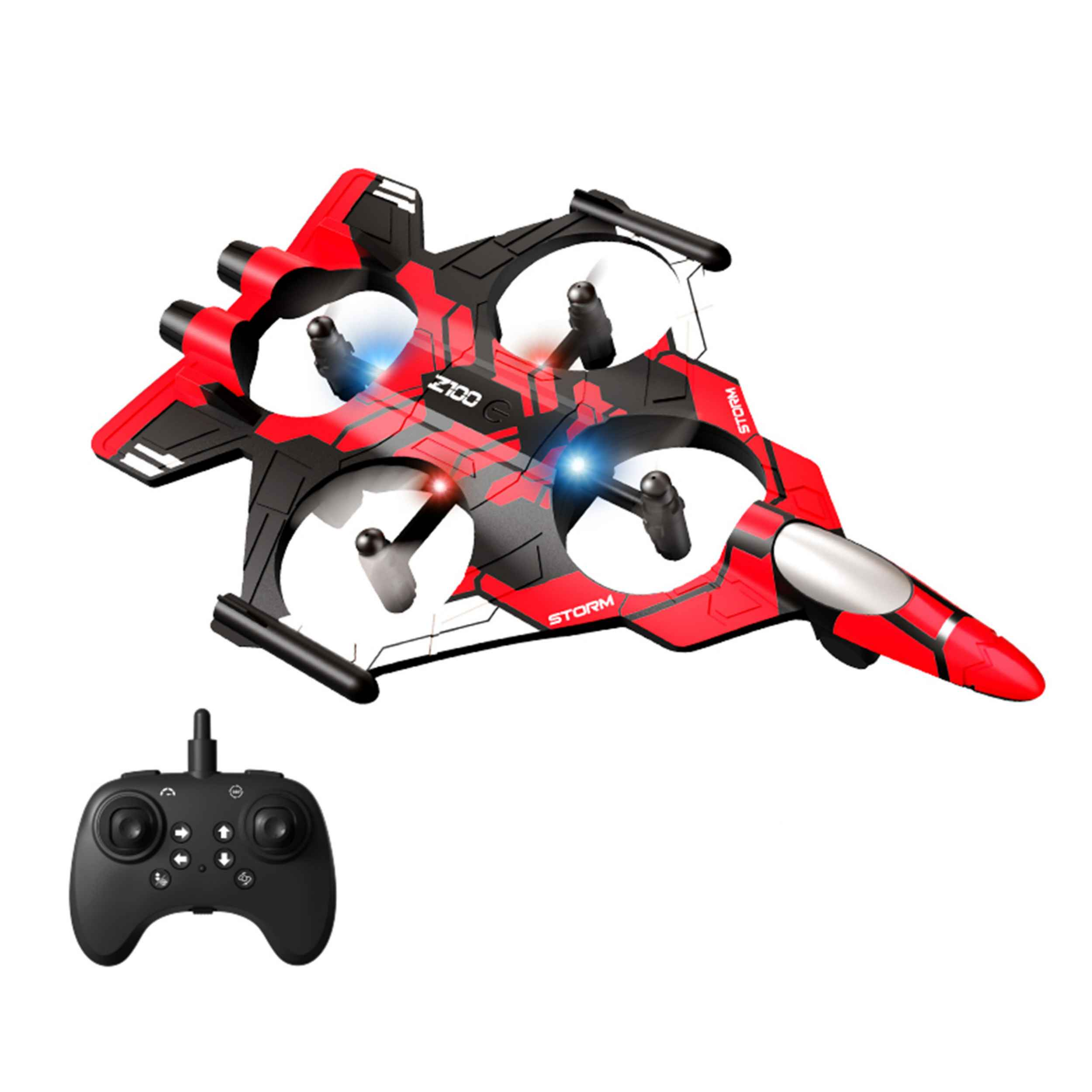 Eine rot-schwarze Drohne mit Fernbedienung. Die Drohne hat vier Propeller und das Wort STORM.