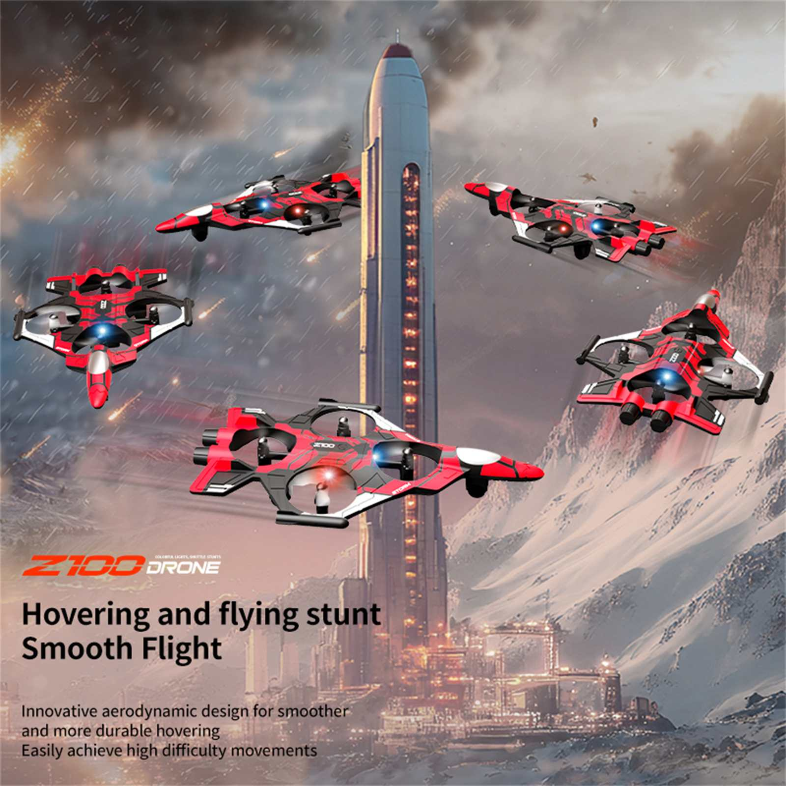 Rote und schwarze Drohnen fliegen in der Nähe eines hohen Gebäudes und von Bergen. Text: 'Z100 Drone', 'Hovering and flying stunt'.