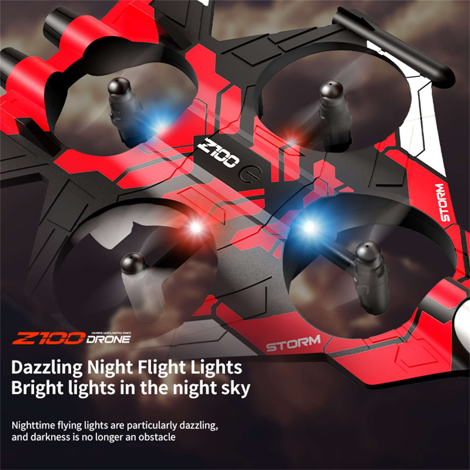 Eine rot-schwarze Drohne mit hellen Lichtern. Der Text lautet 'Z100 DRONE' und 'Dazzling Night Flight Lights'.
