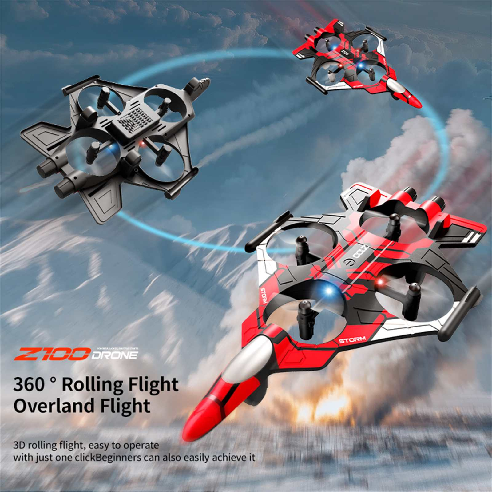 Drei Spielzeugdrohnen mit Propellern im Flug, rot-schwarzes Design, in einem bewölkten Himmel. Das Wort STORM ist sichtbar.