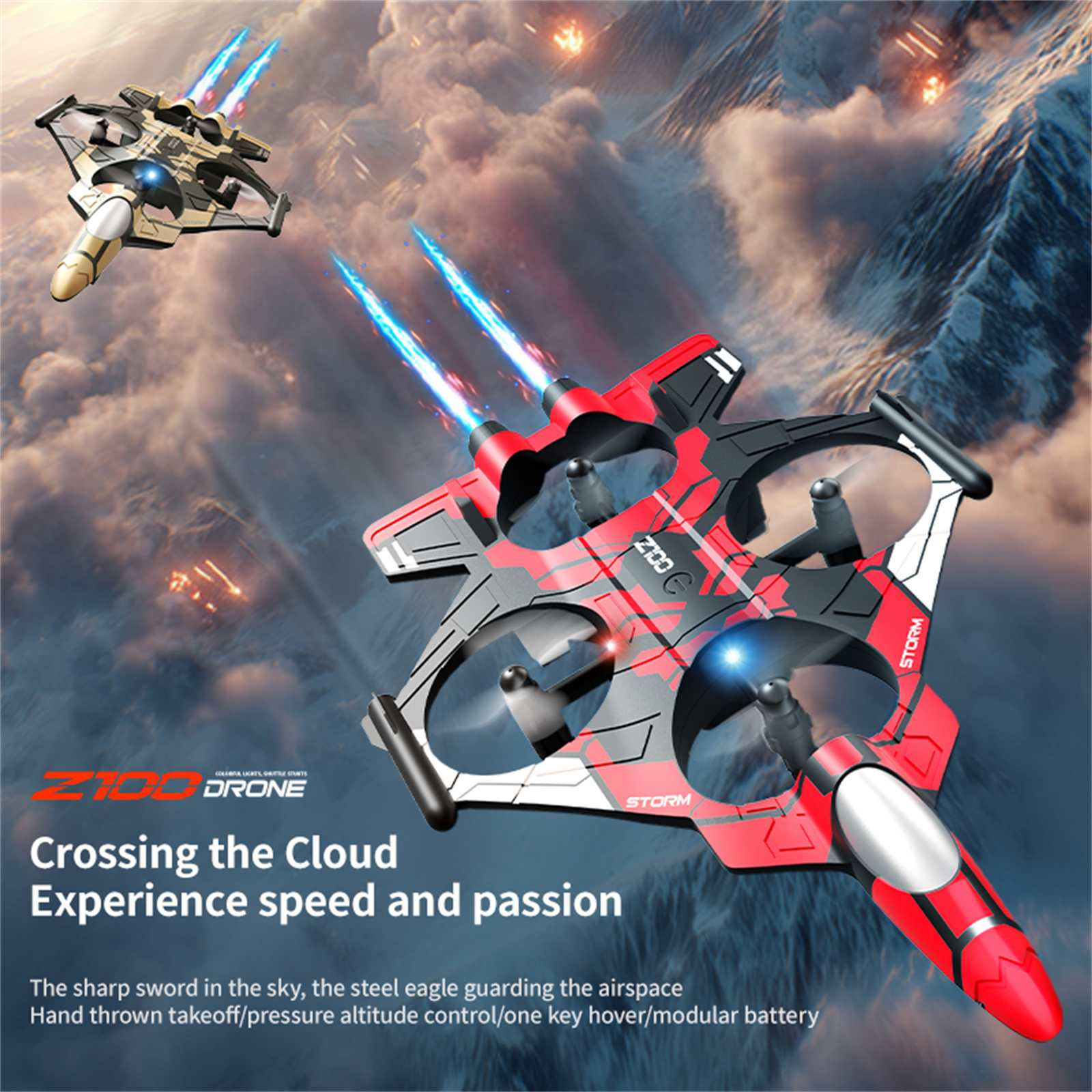 Zwei Spielzeugdrohnen mit blauen Lichteffekten fliegen in einem bewölkten Himmel. Eine rot, eine goldfarben. Text: Z100 Drohne, Crossing the Cloud.
