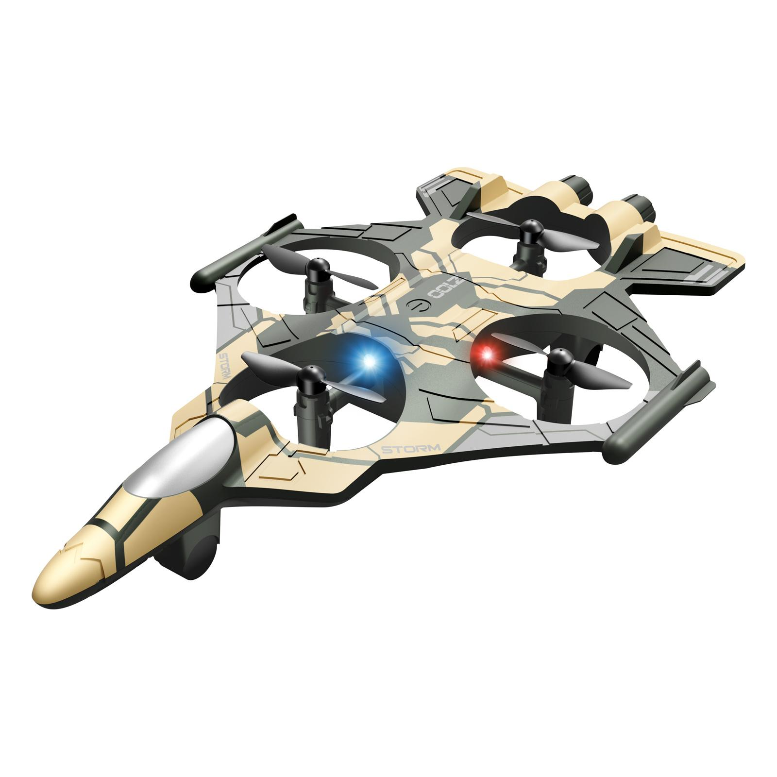 Eine Spielzeugdrohne mit Tarnmuster. Es hat vier Propeller, blaue und rote Lichter. Der Körper ist beige, grün und grau.