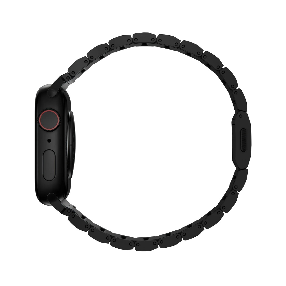 Reloj inteligente negro con una correa de metal, vista lateral. El reloj tiene un botón rojo y un diseño moderno y elegante.