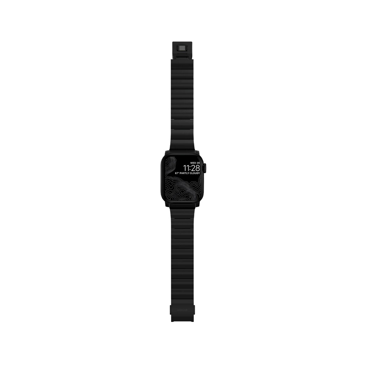 Un reloj inteligente negro con una correa de metal. El reloj muestra la hora, la fecha y el clima. El fondo es blanco.