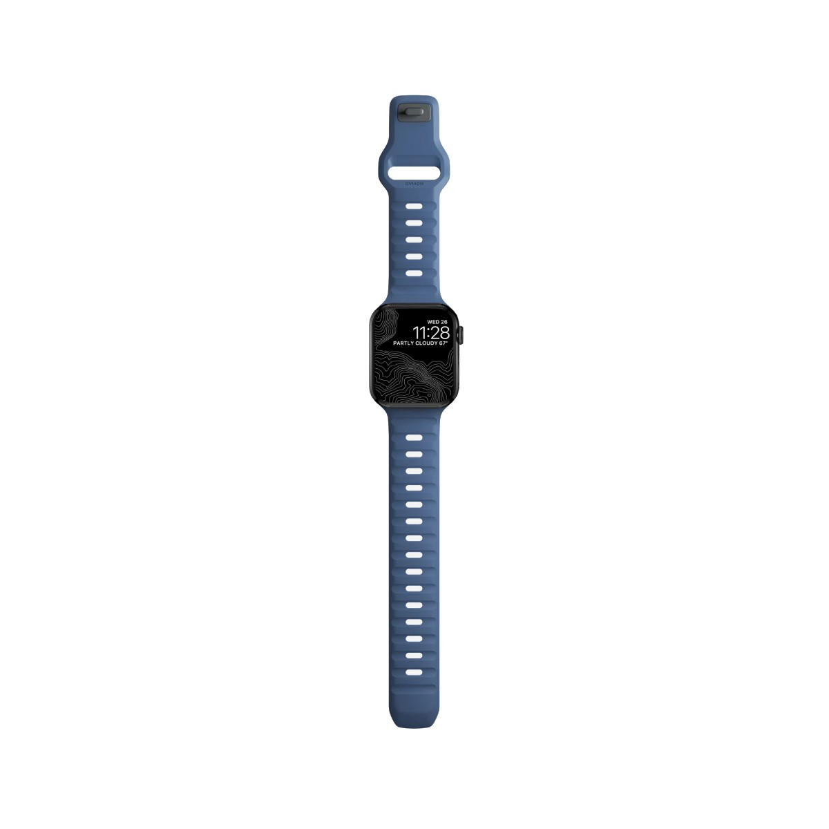Reloj inteligente azul con pantalla negra que muestra la hora y un mapa topográfico. La correa es azul con agujeros blancos.