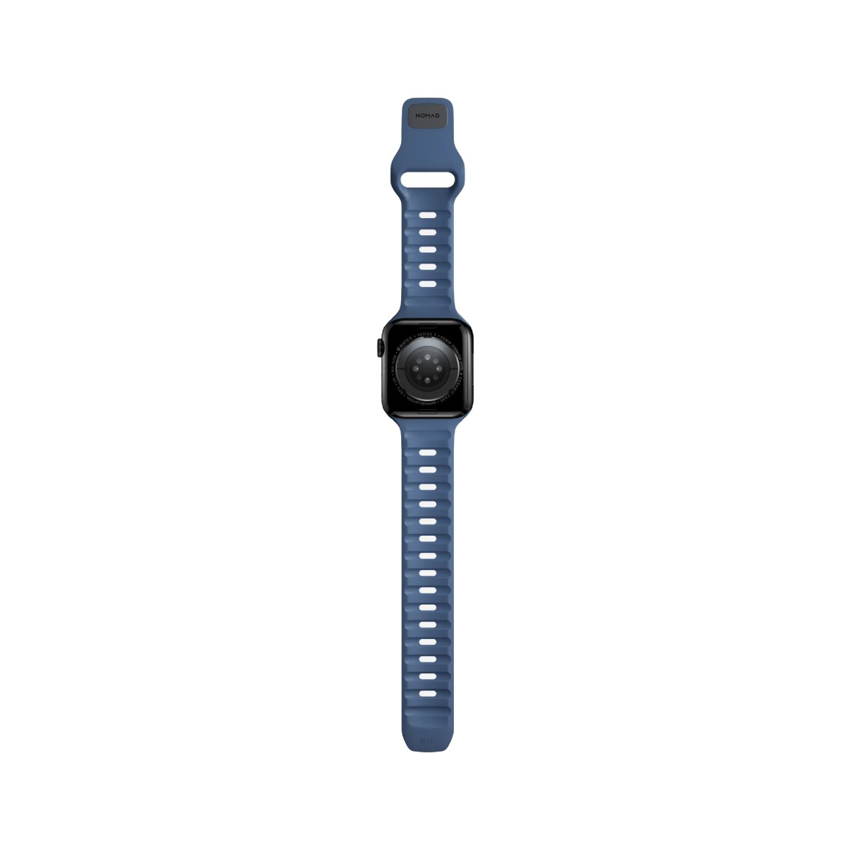 Un Apple Watch azul con pantalla negra se muestra sobre un fondo blanco. La correa del reloj también es azul.