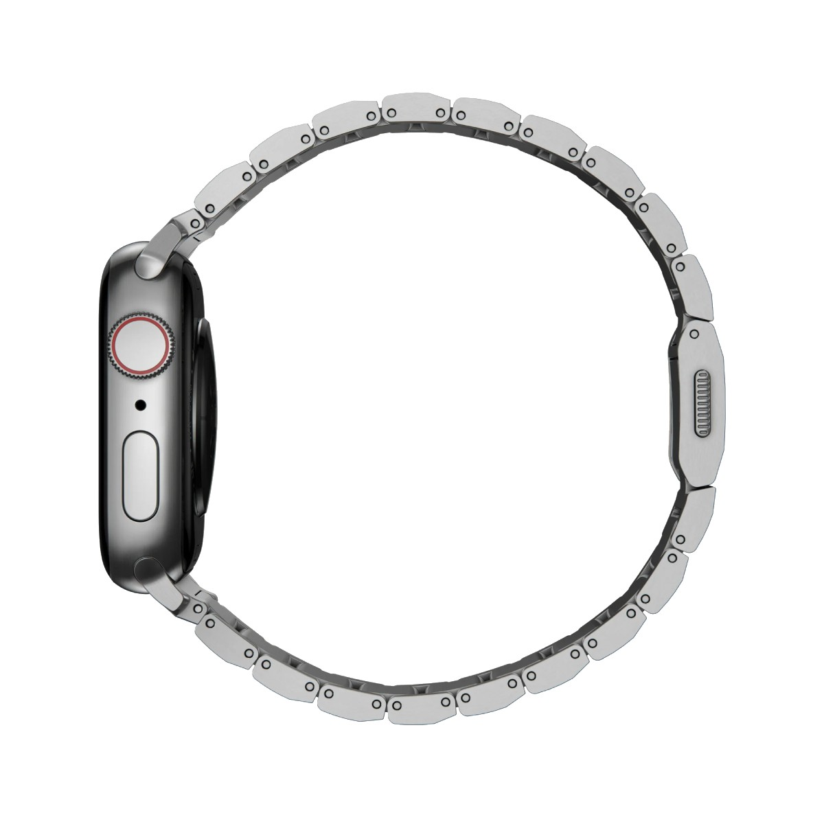 Un Apple Watch plateado con una correa metálica se muestra de perfil. La esfera es oscura y la correa se curva.