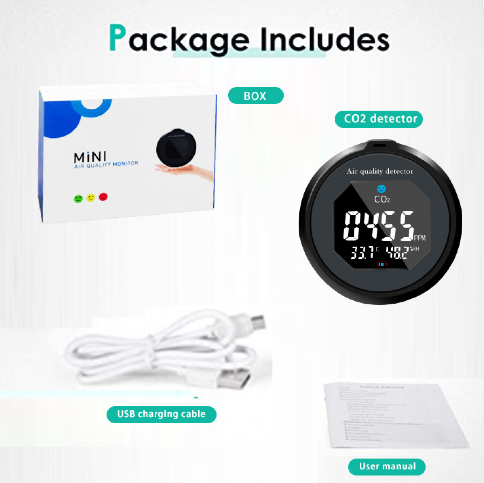 Das Bild zeigt ein Paket mit einem CO2-Detektor, einem USB-Kabel, einer Bedienungsanleitung und einer Box mit der Aufschrift 'MINI AIR QUALITY MONITOR'.
