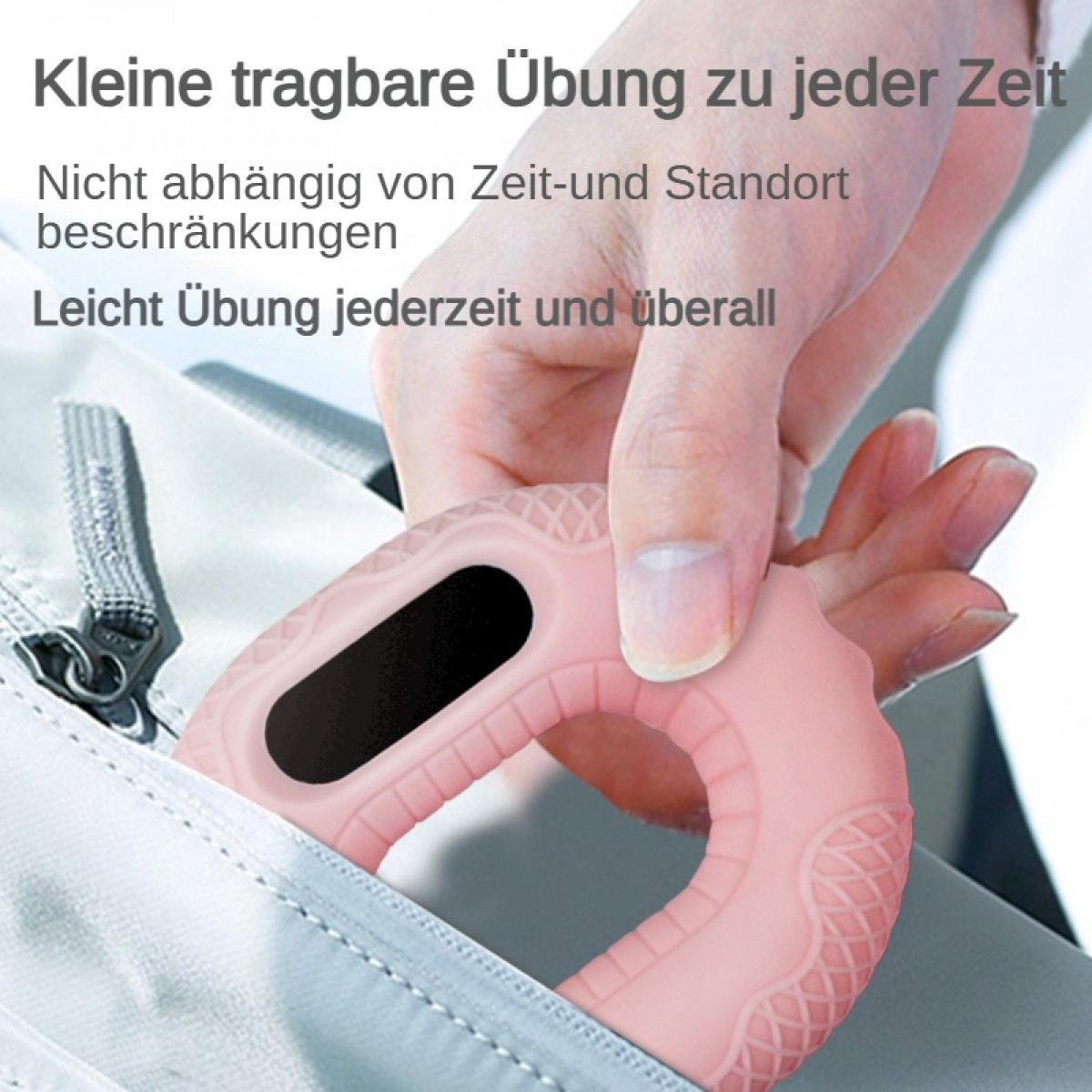 Eine Hand hält ein rosa Trainingsgerät, das sich teilweise in einer grauen Tasche befindet. Das Gerät hat eine schwarze Mitte und strukturierte Griffe.